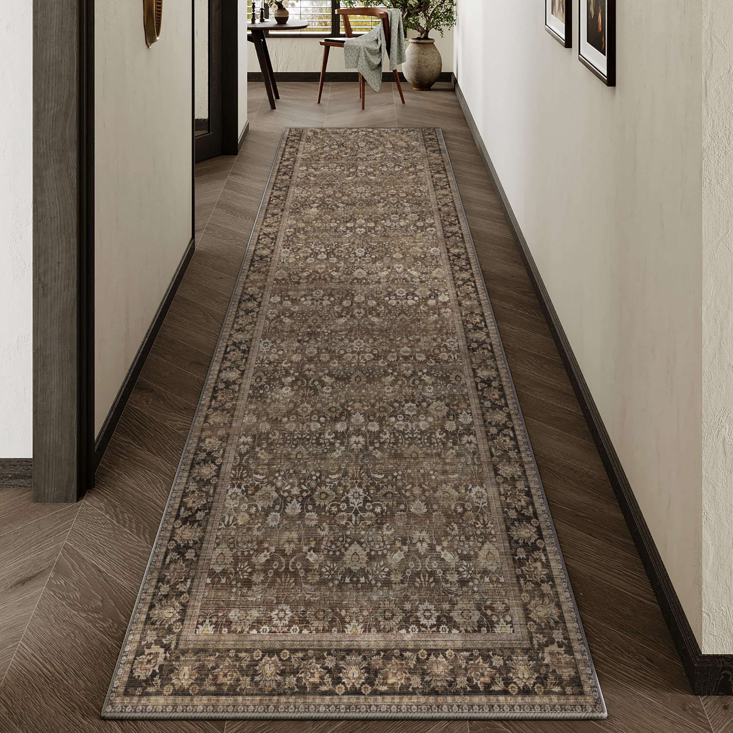 HUGEAR 5x7 Machine Washable Rugs Brown Hallway Area Rug Indoor Accent Rug Floral Low Pile Carpet Soft Throw Aesthetic Rug Bedroom Living Room Office Dining Room Kitchen Laundry Room Non Slip