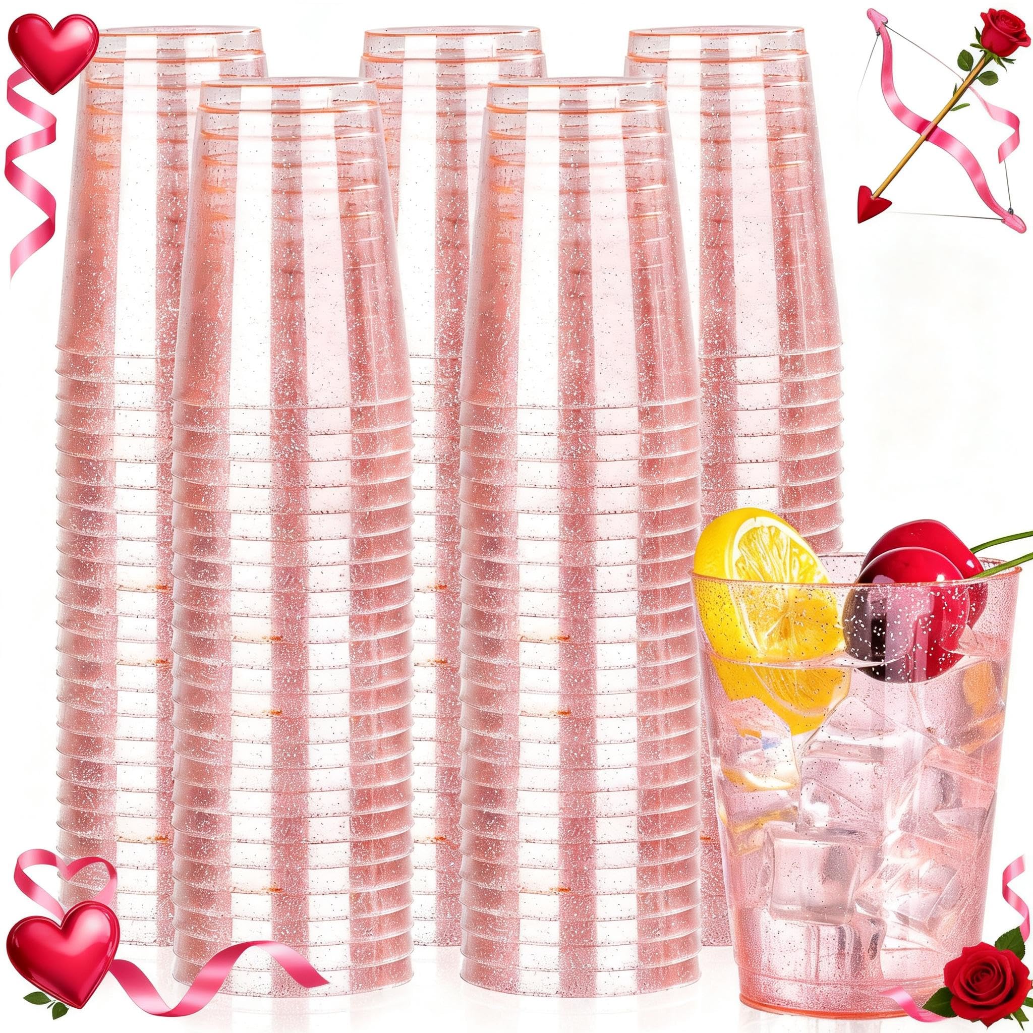 DaYammi 100 Pack 10oz Pink Plastic Cups for Party Premium Glitter Disposable Plastic Cup for Martini and Cocktail, Hard Pink Disposable Cups for Wedding,pink cups for Mother's Day Party