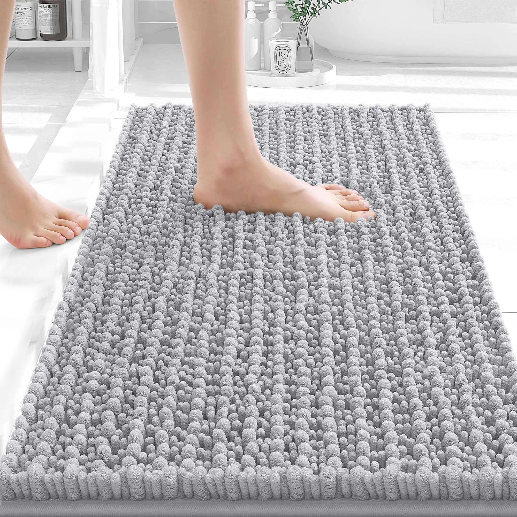 OLANLY Bathroom Rug Mat 30x20, Thick Soft and Absorbent Chenille Bath Mat, Non-Slip Rubber Backing, Machine Washable Quick Dry Bath Rugs for Tub Shower Floor, Home Decor Accessories, Grey