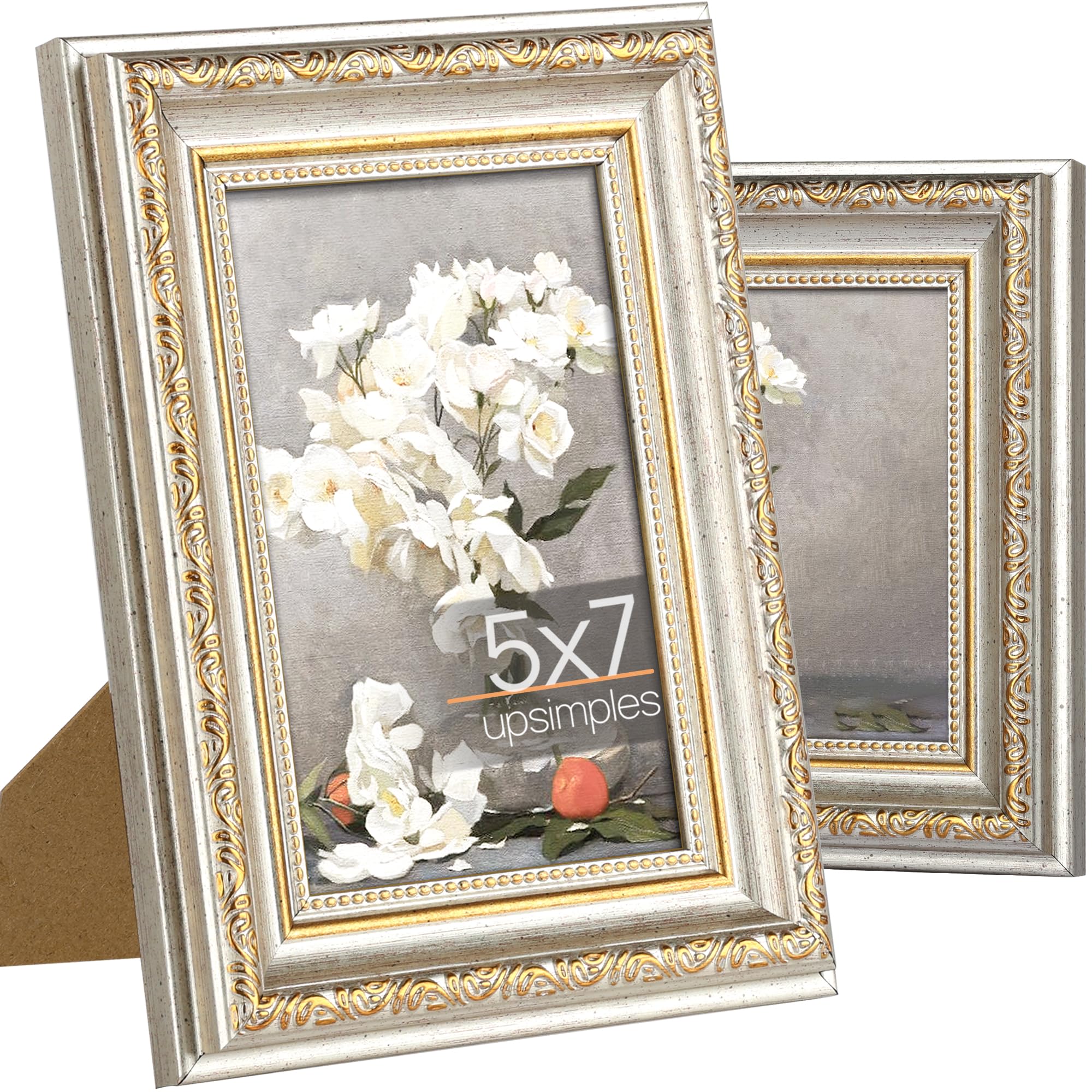 upsimples 5x7 Picture Frame with Real Glass, Ornate Vintage 5 x 7 Photo Frames for Wall Decor or Tabletop Display, Gold, 2 Pack