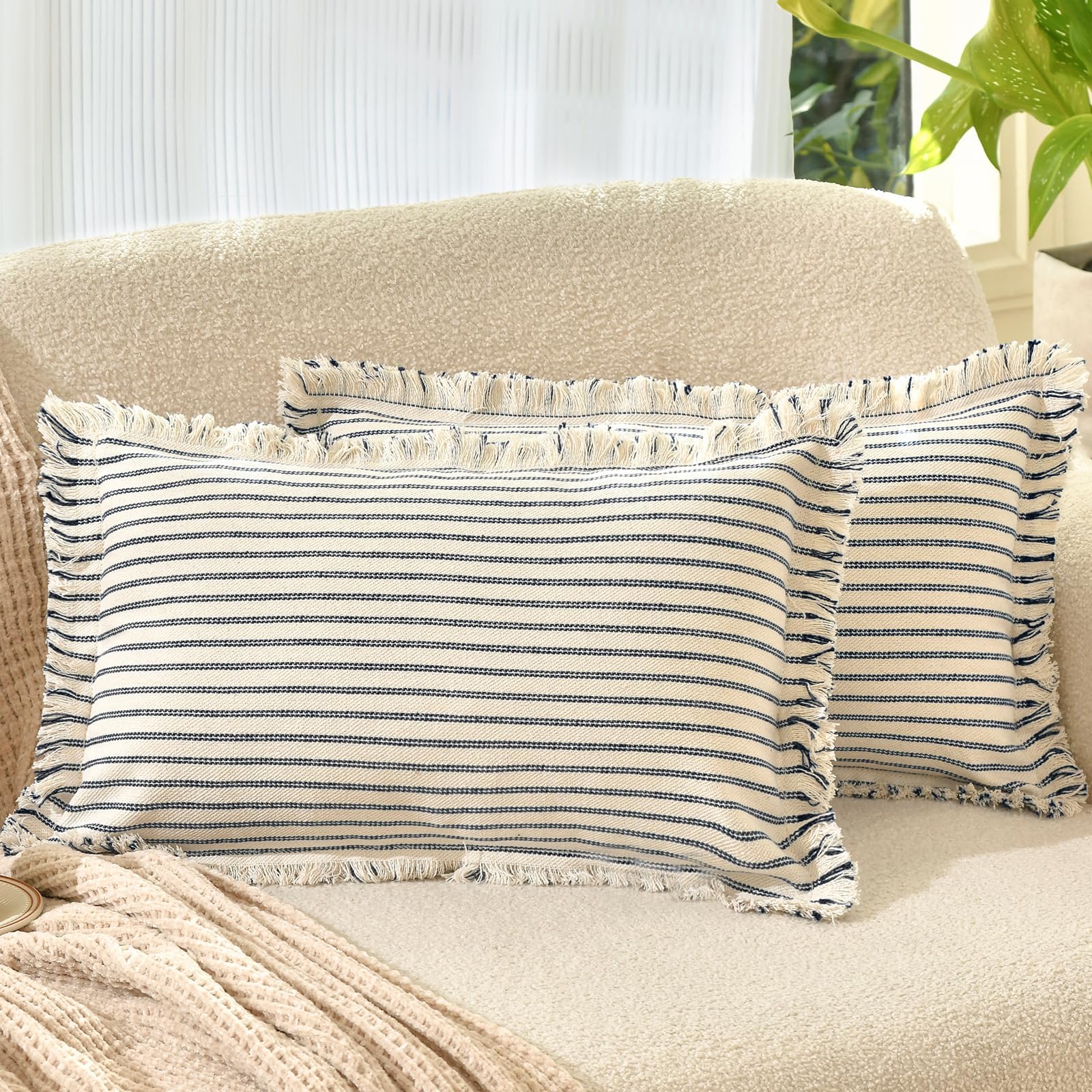 ZWJD Throw Pillow Covers 20x20 Set of 2 Striped Pillow Covers with Fringe Chic Cotton Decorative Pillows Square Cushion Covers for Sofa Couch Bed Living Room Farmhouse Decor, (Gray)