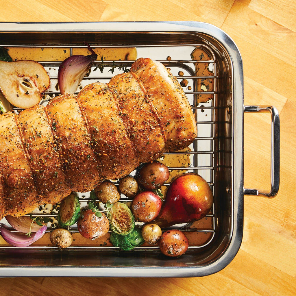 Farberware Bakeware Nonstick Steel Roaster with Flat Rack, 11-Inch x 15-Inch, Gray