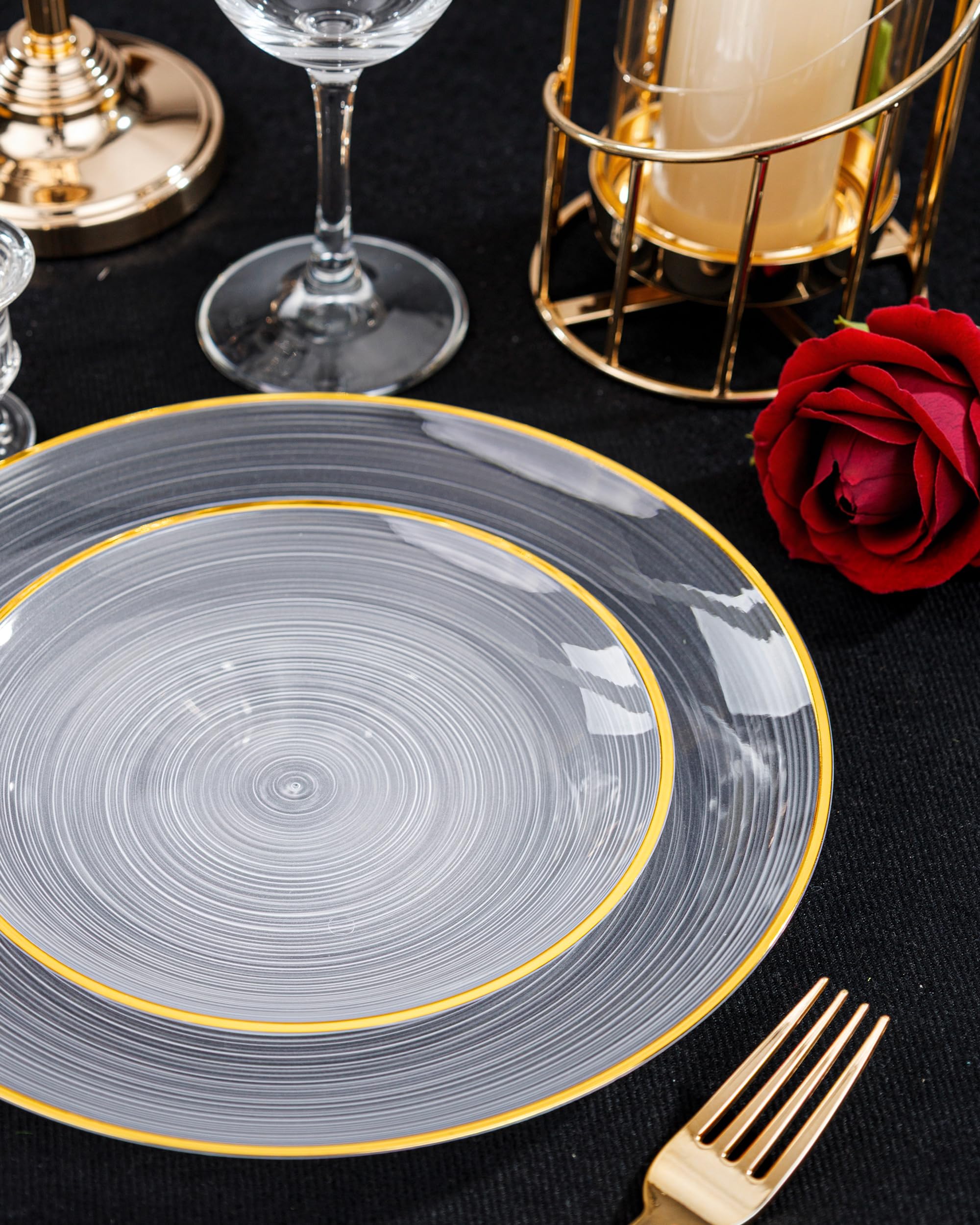 Morejoy 60Pcs Brown Plastic Plates,Brown Disposable Plates With Gold Rim, Gold Party Dinnerware Set Include 30 Dessert plates,30 Dinner plates for Party & Wedding
