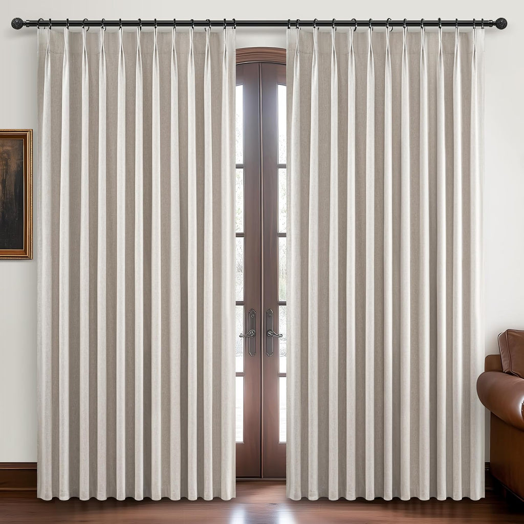 Natural Linen Pinch Pleated Blackout Curtains & Drapes 96 Inch Long Bedroom/Livingroom Farmhouse Curtains 2 Panel Sets, Neutral Track Room Darkening Thermal Insulated 8ft Back Tab Window Curtain