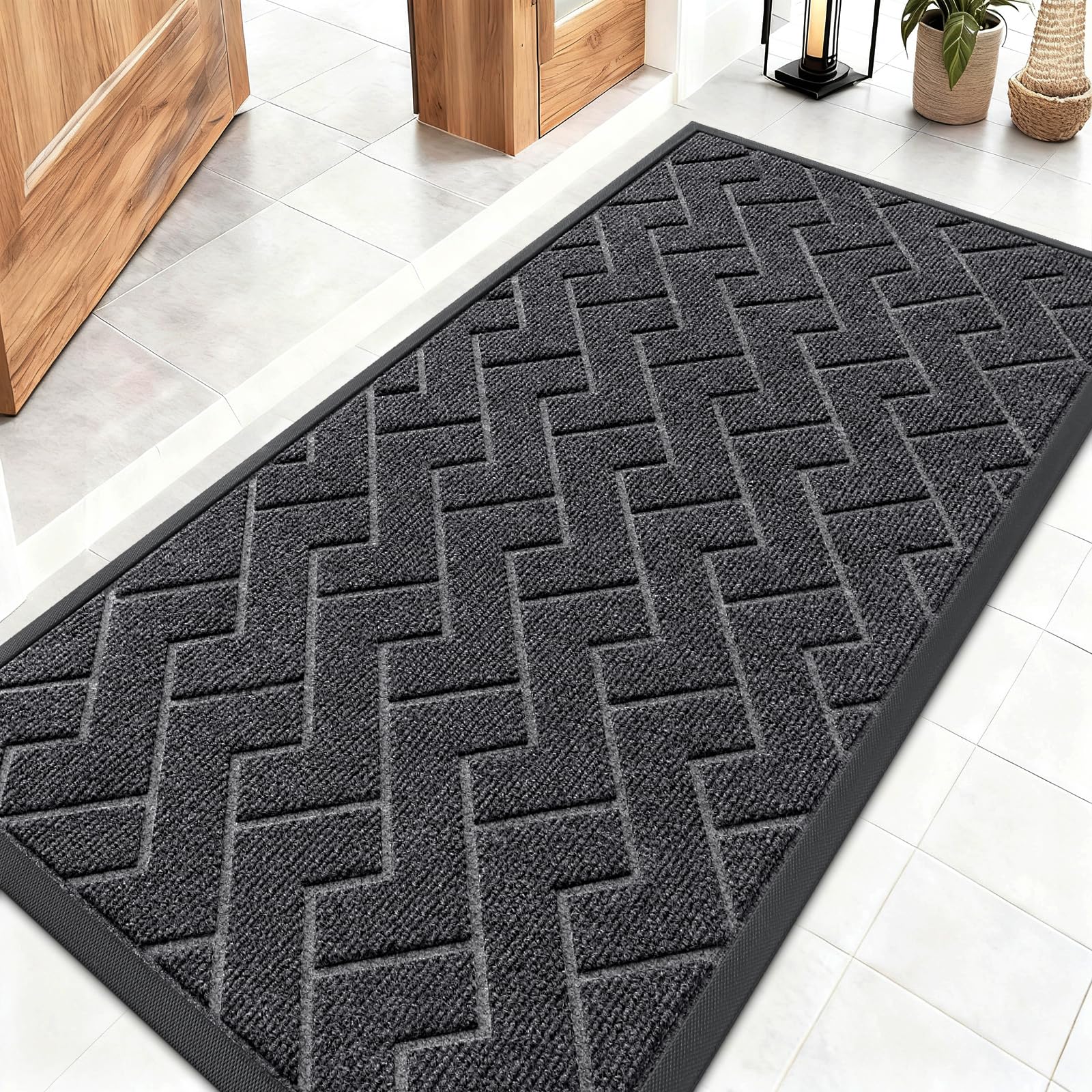 OLANLY Front Door Mat Indoor Outdoor Entrance, Waterproof All-Season, All-Weather Doormat, Sturdy Natural Rubber, Fade Resistant, Low Profile, Easy Clean Patio Porch Entryway Mat, 29.5x17, Black