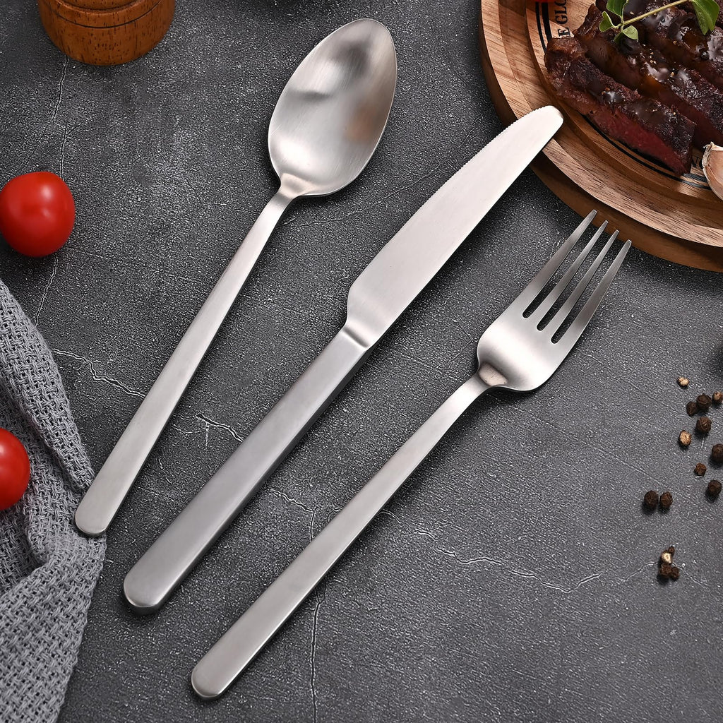 KINGSTONE Forged 30-Piece Silverware Set, Matte Flatware Set for 6, 18/10 Stainless Steel Silverware Utensils Set Dishwasher Safe (Matte Silver)