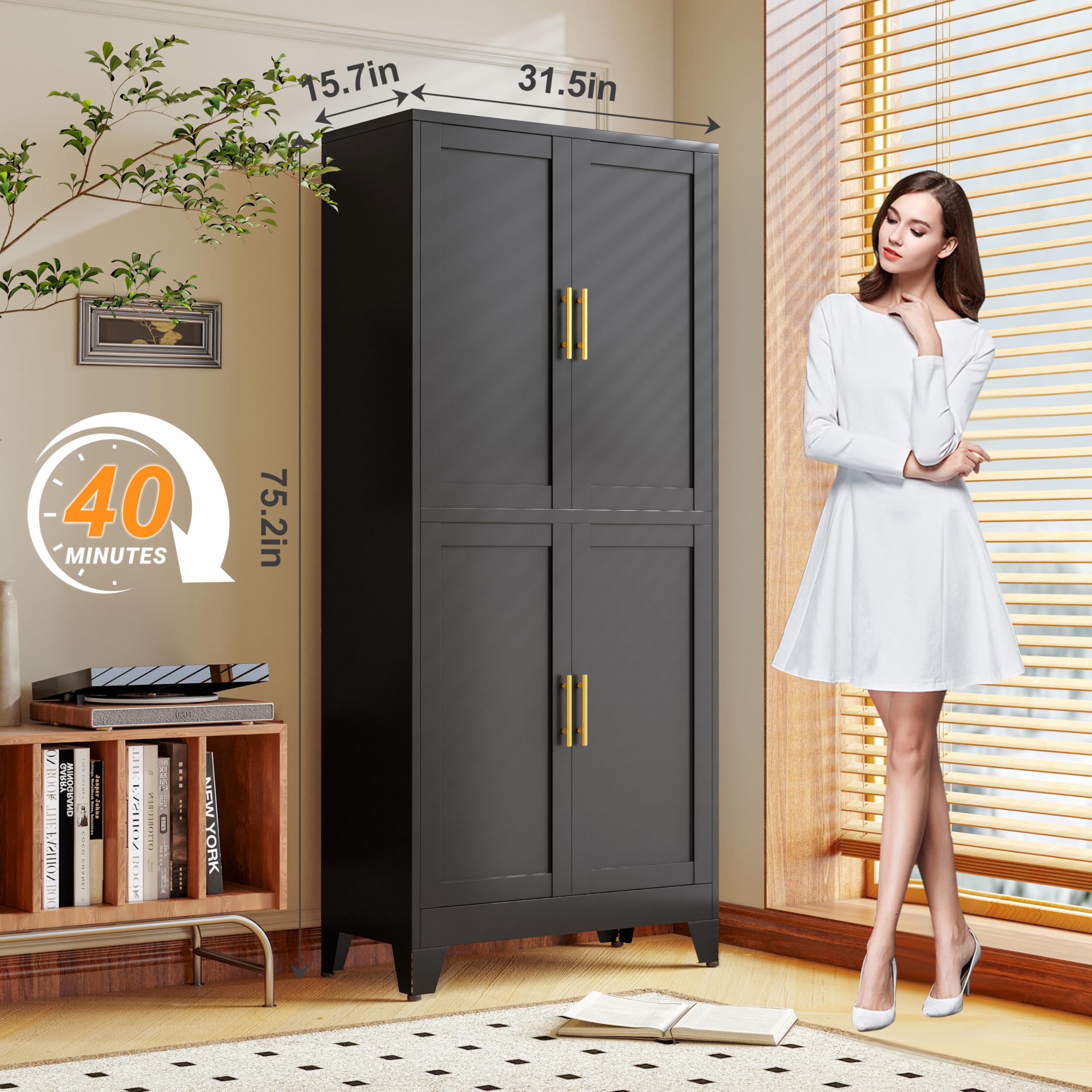 GAIOUS Metal Pantry Cabinet, Kitchen Pantry Storage Cabinets with 2 Door and 3 Adjustable Shelves, White Kitchen Pantry Cabinet, Freestanding Cupboard for Dining Room Living Room Bathroom