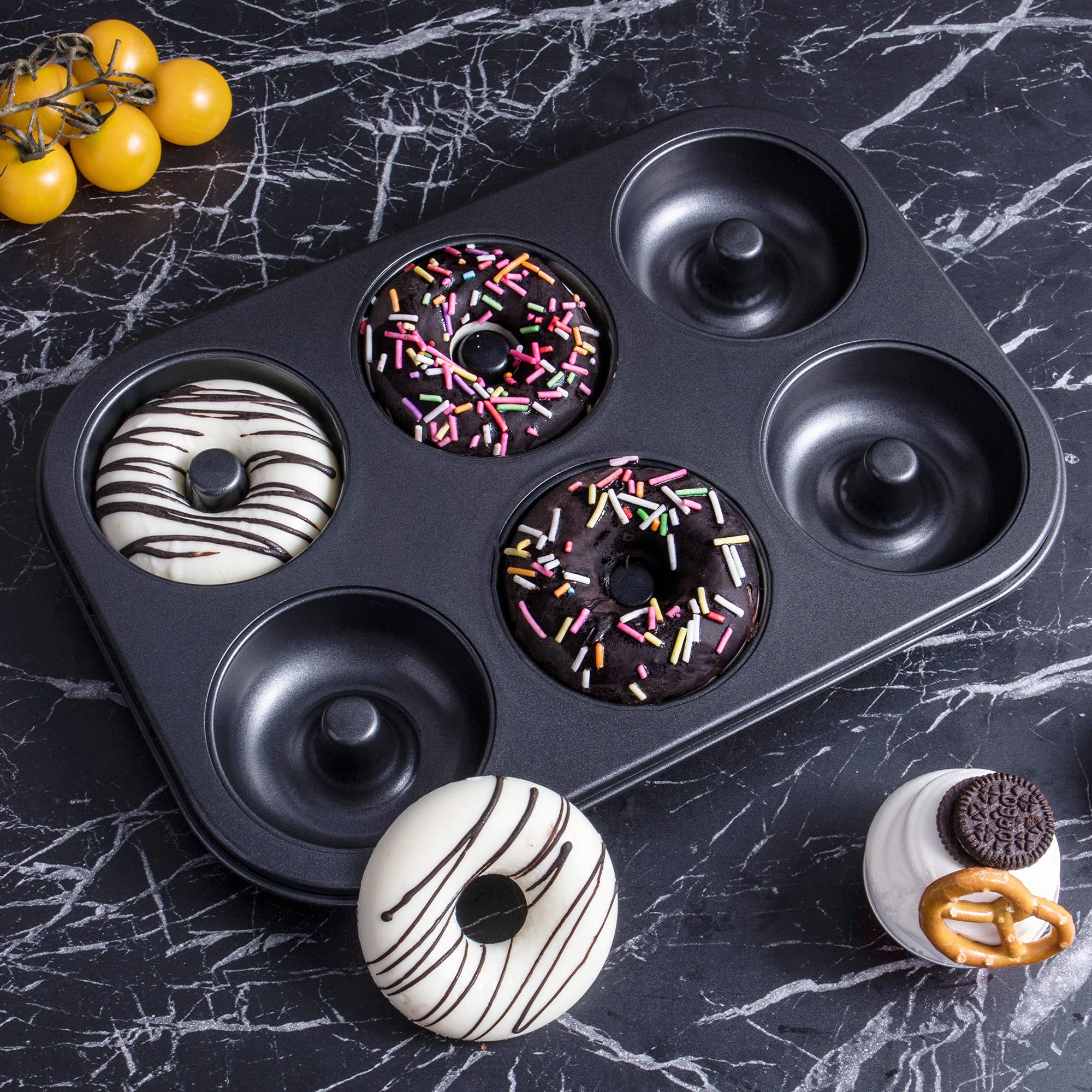 HONGBAKE Donut Pan For Baking, Upgraded Deepened Doughnut Tray, 2 Pack 6 Cavity Mini Bagel Mold for Oven, Nonstick and Heavy Duty - Black