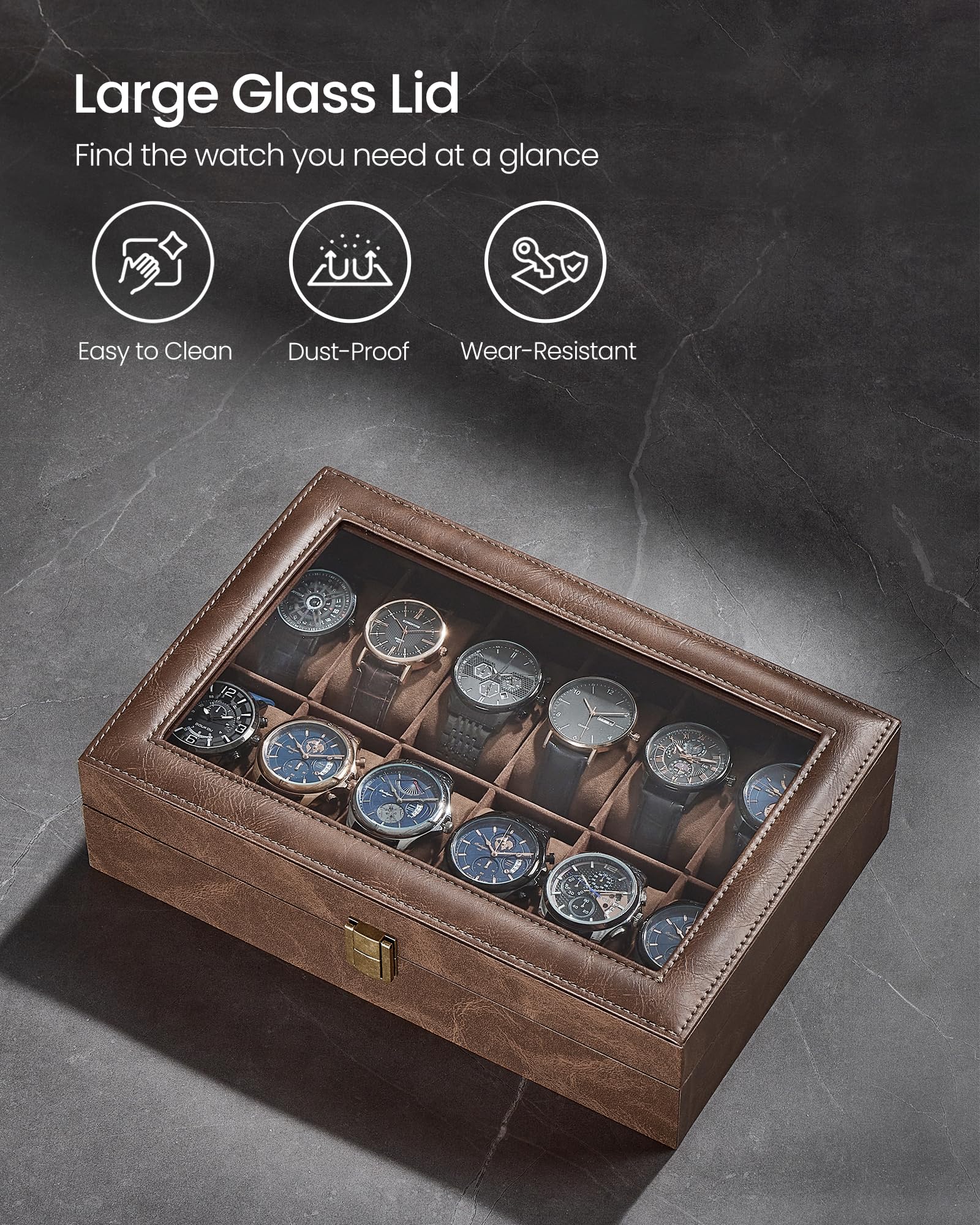 SONGMICS Watch Box, 12-Slot Watch Case Organizer with Large Glass Lid, Removable Pillows, Gift for Loved Ones, Black Synthetic Leather, Gray Lining UJWB12BK