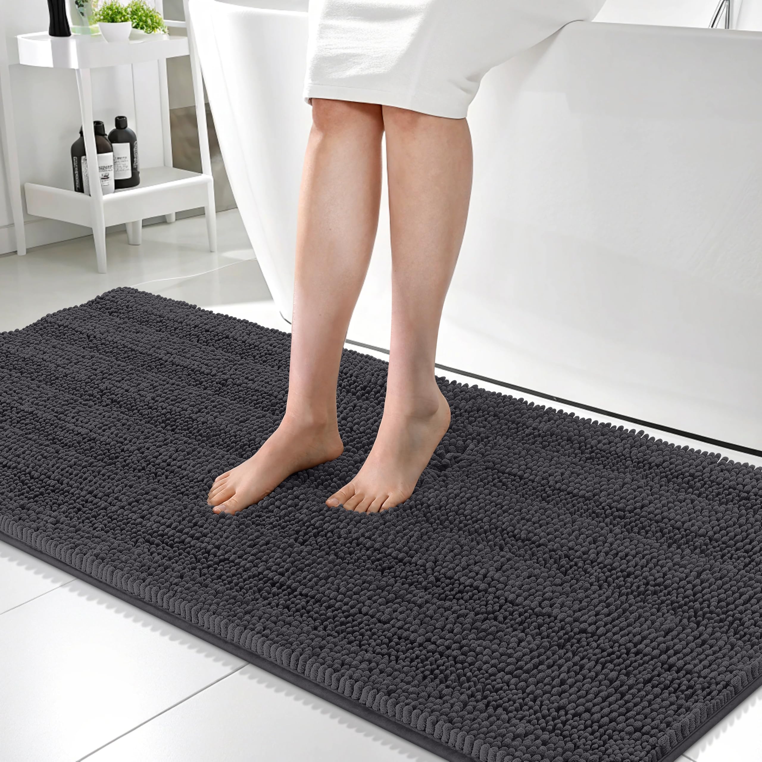OLANLY Thick Bathroom Rugs 30x20, Extra Soft Absorbent Chenille Striped Bath Rugs, Rubber Backing, Machine Wash Dry, Bath Mats for Bathroom Floor, Tub and Shower, Home Decor Accessories, Grey