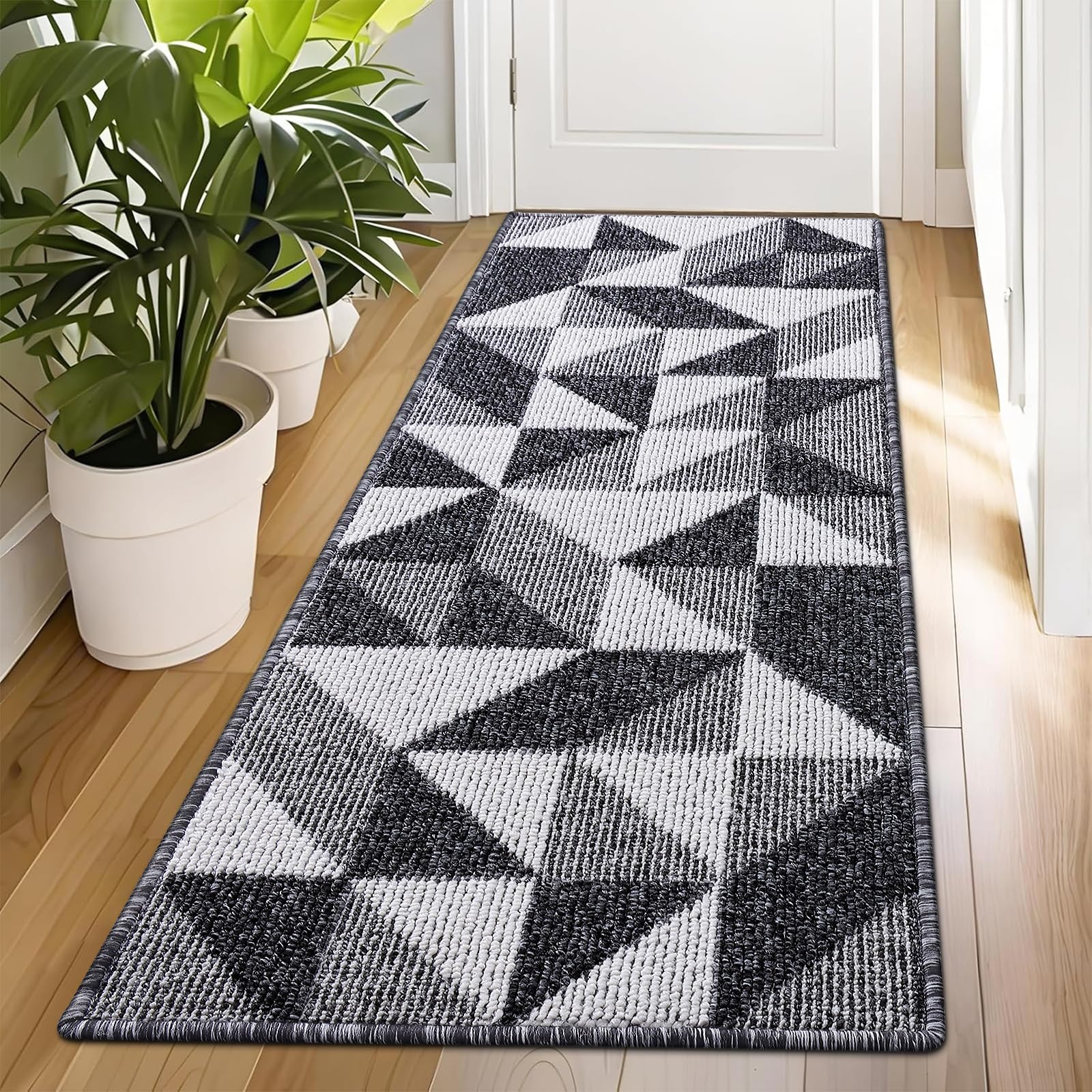 OLANLY Door Mat Indoor Entrance Washable 32x20, Odor-Free Low-Profile Front Back Geometric Doormat, Absorbent Resist Dirt Entry Carpet, Easy to Clean Sturdy Inside Floor Mats for Entryway, Black