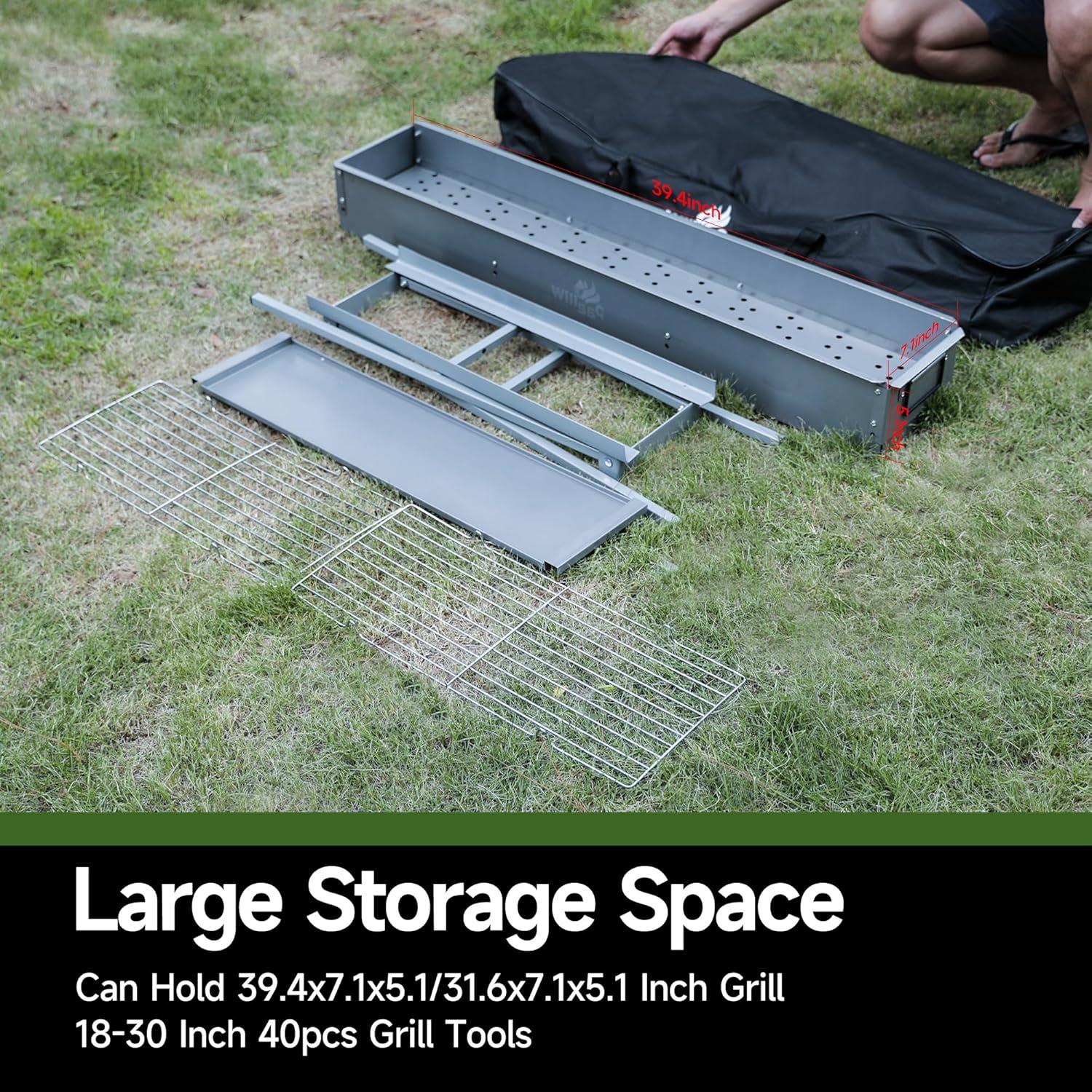 WILLBBQ Commercial Quality Portable Charcoal Grills(39.4x7.1x5.1 inch) with Grill Storage Bag