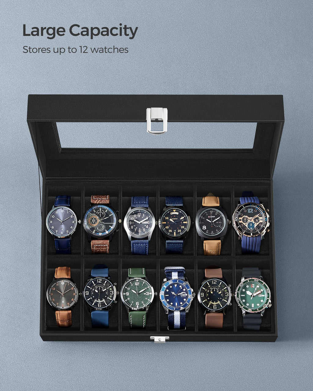 SONGMICS Watch Box, 12-Slot Watch Case Organizer with Large Glass Lid, Removable Pillows, Gift for Loved Ones, Black Synthetic Leather, Gray Lining UJWB12BK