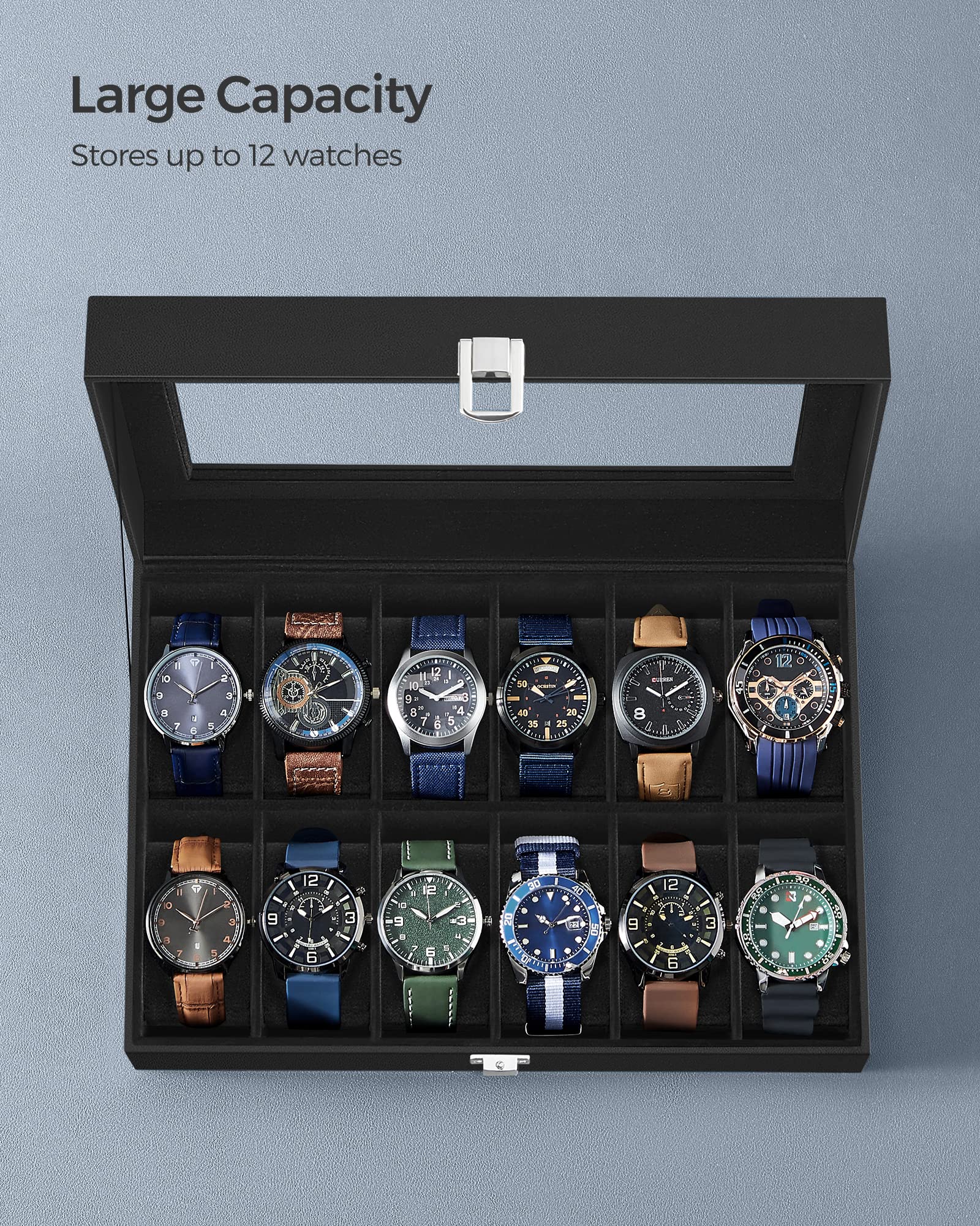 SONGMICS Watch Box, 12-Slot Watch Case Organizer with Large Glass Lid, Removable Pillows, Gift for Loved Ones, Black Synthetic Leather, Gray Lining UJWB12BK