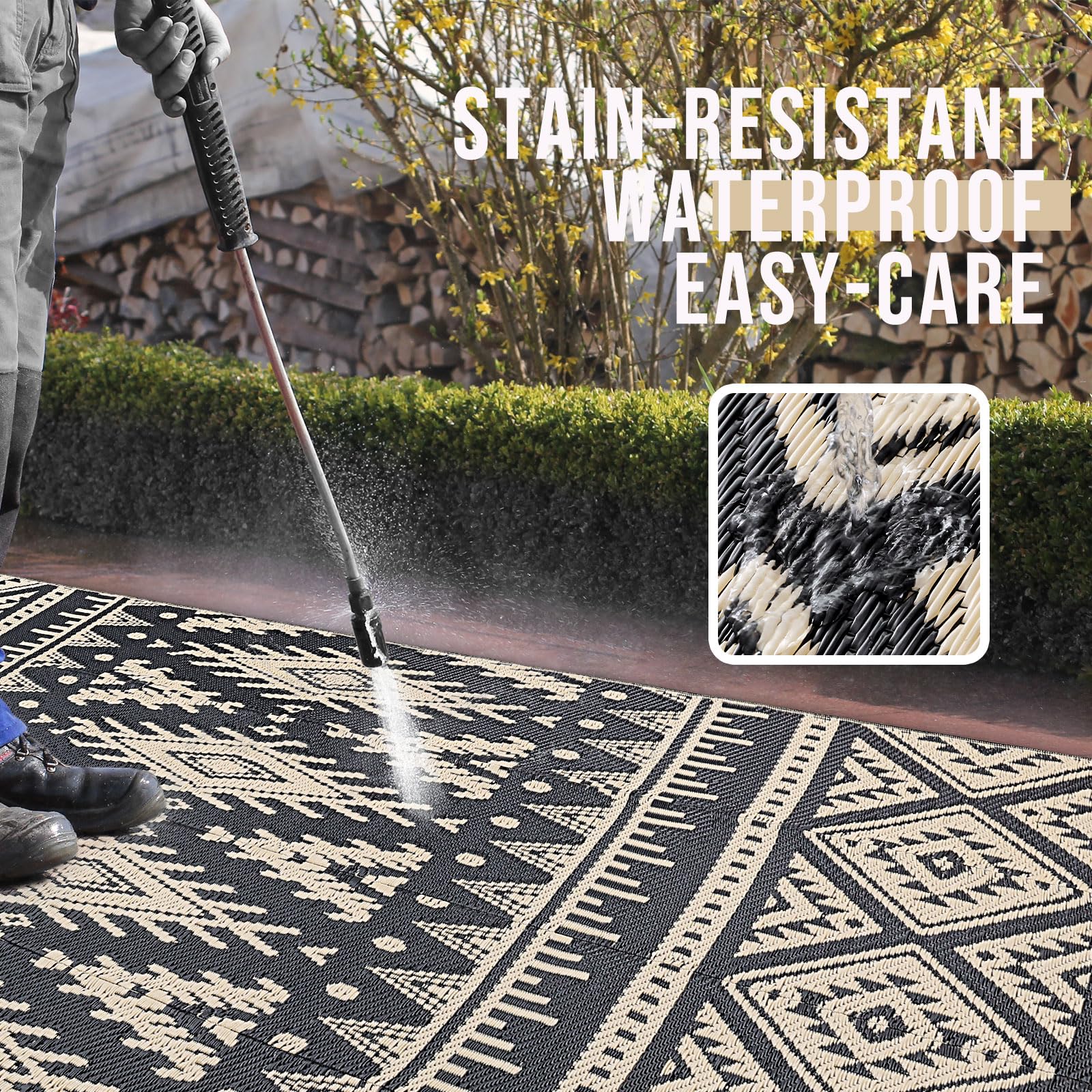 OLANLY Outdoor Rug Waterproof 5x8 ft, Reversible Outdoor Plastic Straw Rug, Boho Patio Rug, Indoor Outdoor Carpet, RV Mat Outside for Patio, Camp, Picnic, Balcony, Deck, Backyard, Black & White