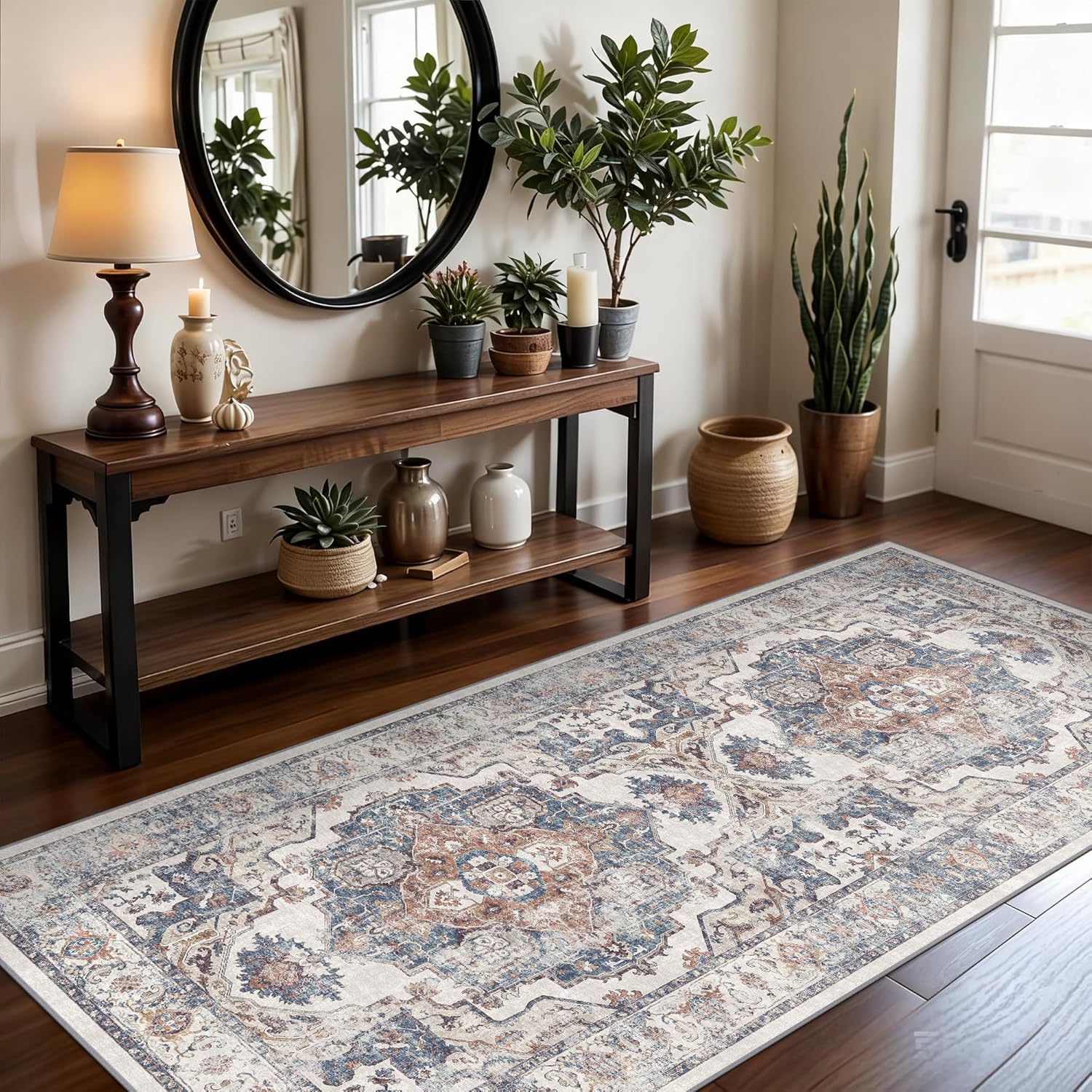 Washable 2x3 Entryway Area Rug - Neutral Kitchen Rug Runner Vintage Soft Floor Mat Non Slip Indoor Farmhouse Carpet for Bathroom Living Room Bedroom (2 X 3, Beige)