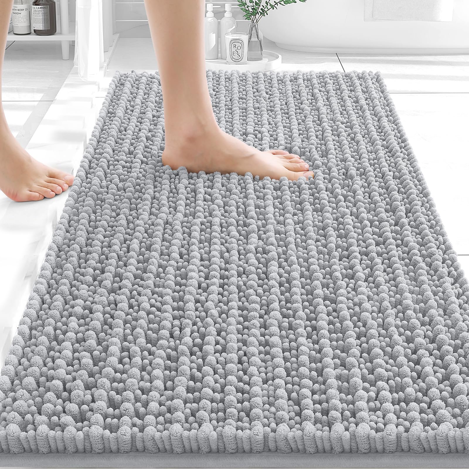 OLANLY Bathroom Rug Mat 30x20, Thick Soft and Absorbent Chenille Bath Mat, Non-Slip Rubber Backing, Machine Washable Quick Dry Bath Rugs for Tub Shower Floor, Home Decor Accessories, Grey