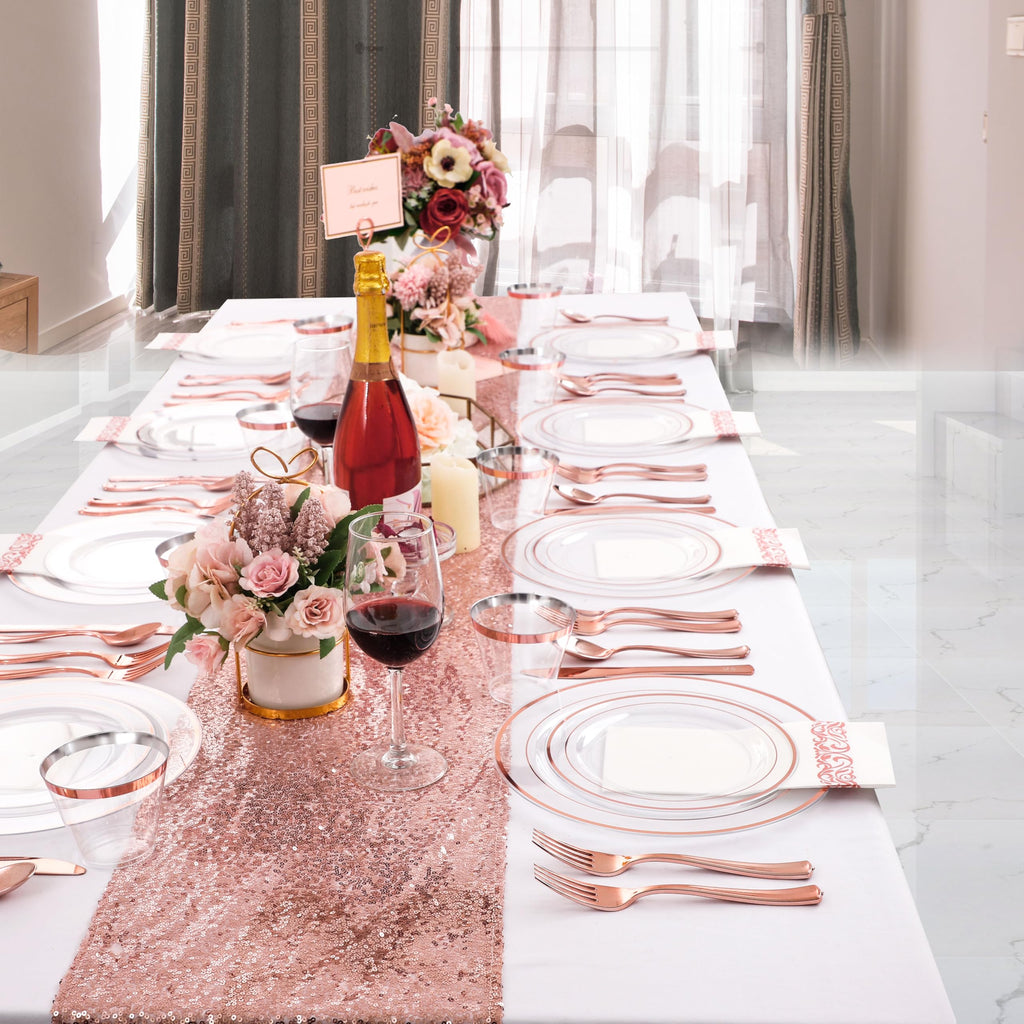 DaYammi 350PCS Gold Plastic Dinnerware Set for 50 Guests, Fancy Disposable Plates for Party, Include: 50 Dinner Plates, 50 Dessert Plates, 50 Pre Rolled Napkins with Gold Silverware, 50 Cups
