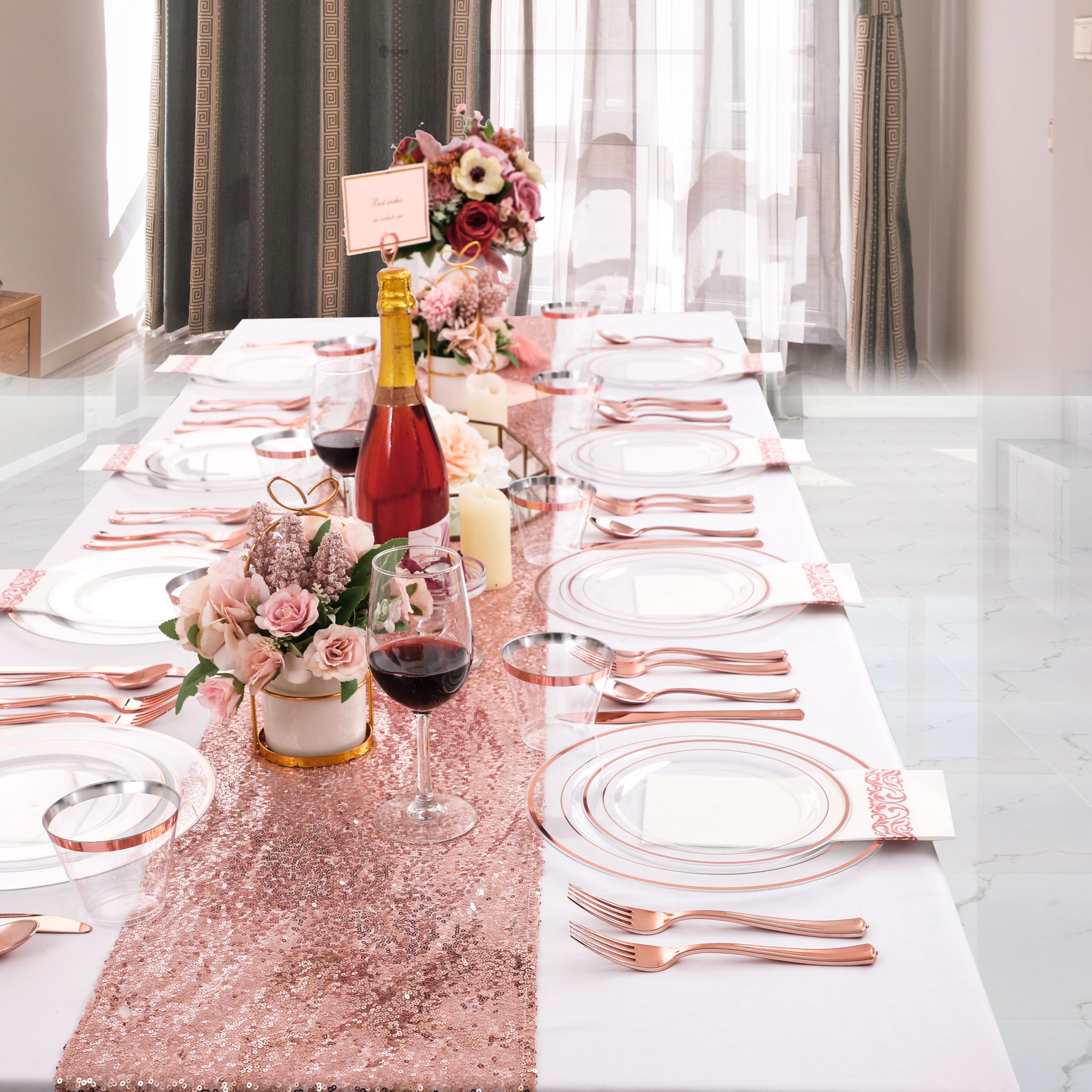 DaYammi 350PCS Gold Plastic Dinnerware Set for 50 Guests, Fancy Disposable Plates for Party, Include: 50 Dinner Plates, 50 Dessert Plates, 50 Pre Rolled Napkins with Gold Silverware, 50 Cups