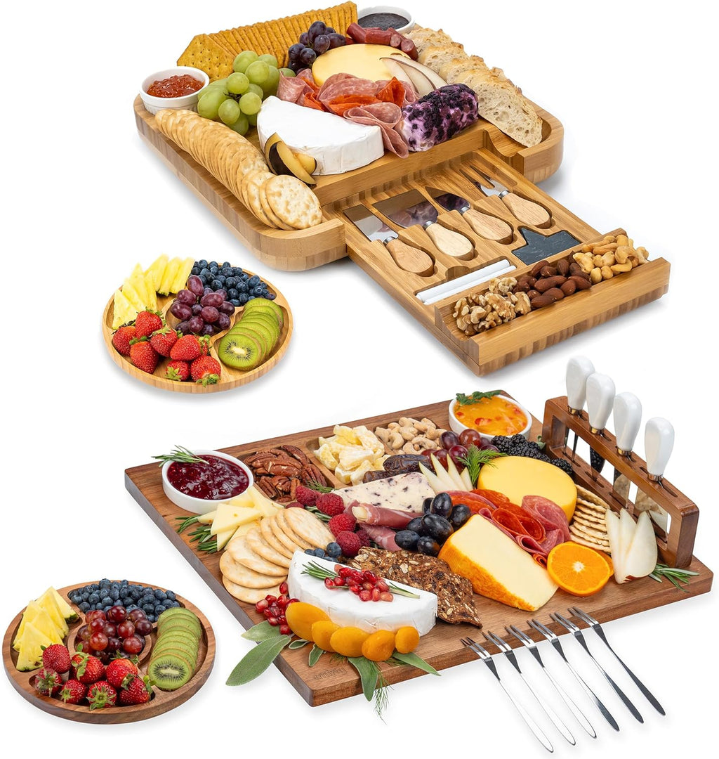 Flat Acacia Wood Cheeseboard & 1 Side Bamboo Charcuterie Boards Gift Set