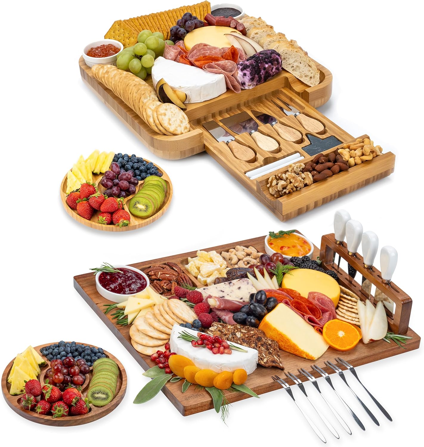 Flat Acacia Wood Cheeseboard & 1 Side Bamboo Charcuterie Boards Gift Set