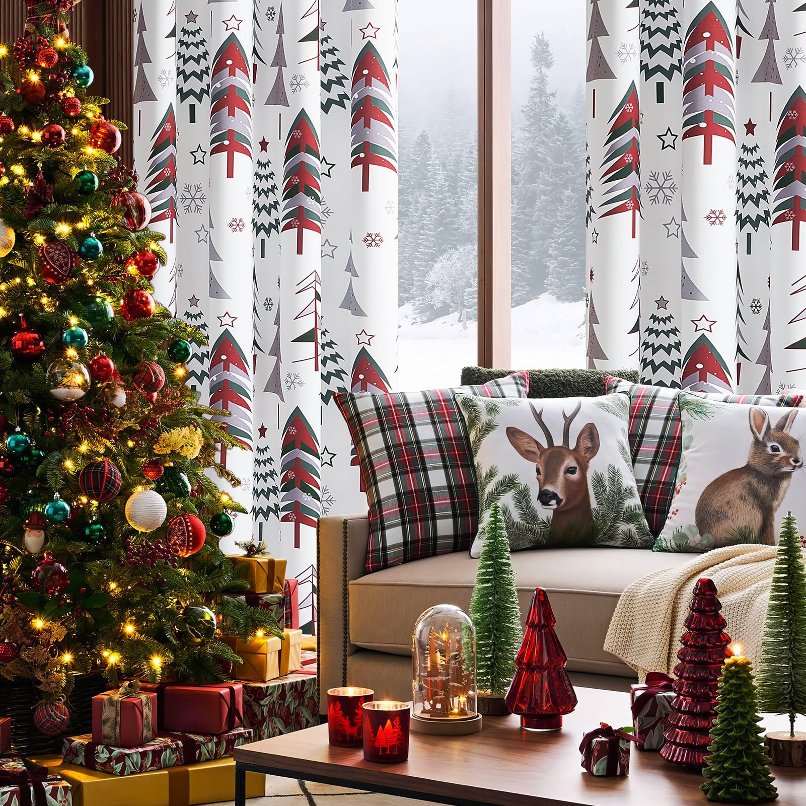Topfinel Christmas Curtains 84 Inch Length for Living Room 2 Panels Set,Grommet Xmas Decoration Window Curtains with Christmas Tree and Snowflake Print for Bedroom,Set of 2,52x84 Inches Long,White