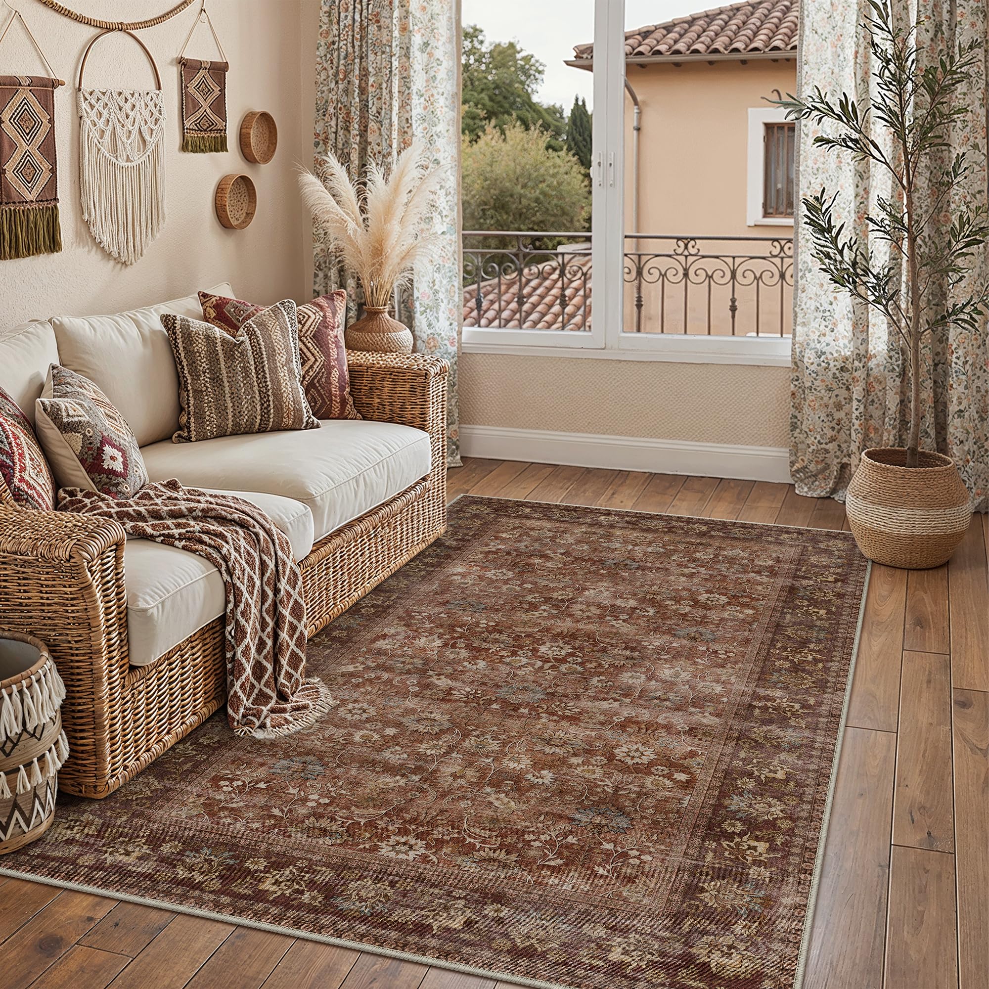 HUGEAR 5x7 Machine Washable Rugs Brown Hallway Area Rug Indoor Accent Rug Floral Low Pile Carpet Soft Throw Aesthetic Rug Bedroom Living Room Office Dining Room Kitchen Laundry Room Non Slip