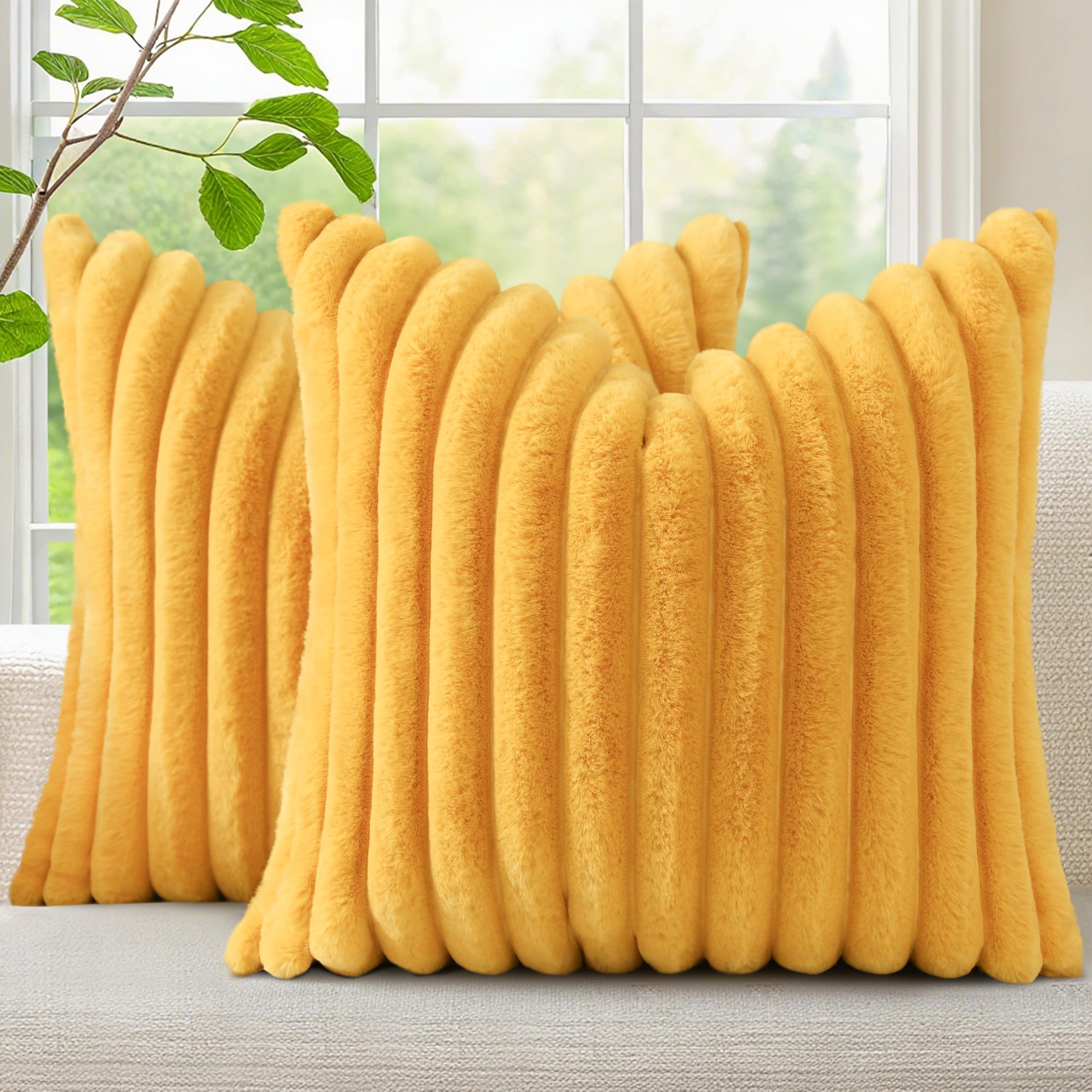 decorUhome Cozy Faux Fur Spring Throw Pillow Covers 18x18 Set of 2 Decorative Soft Plush Striped Modern Farmhouse Boho Couch Pillow Cases with Velvet Back for Sofa Bed Living Room, Cream White