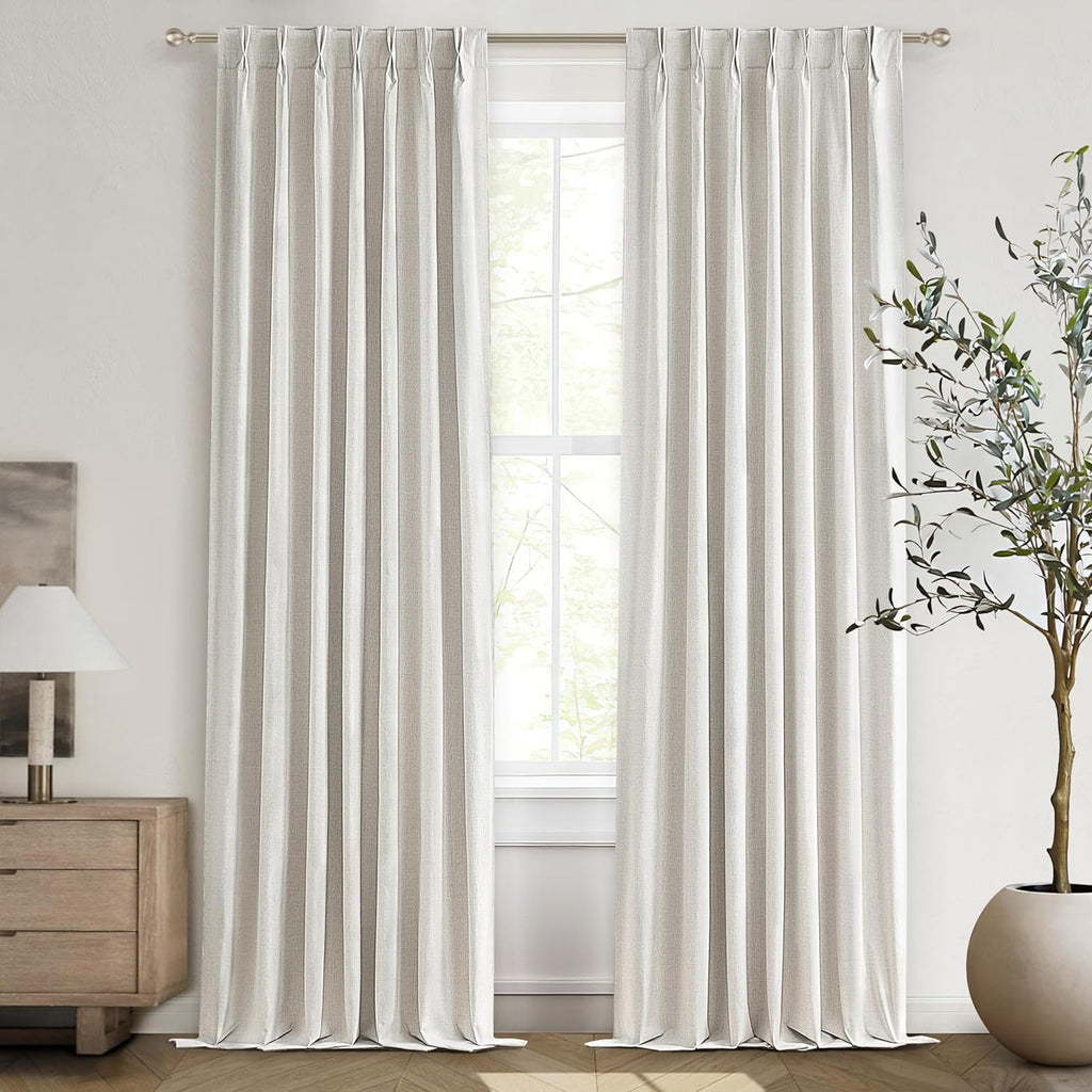 Natural Linen Pinch Pleated Blackout Curtains & Drapes 96 Inch Long Bedroom/Livingroom Farmhouse Curtains 2 Panel Sets, Neutral Track Room Darkening Thermal Insulated 8ft Back Tab Window Curtain