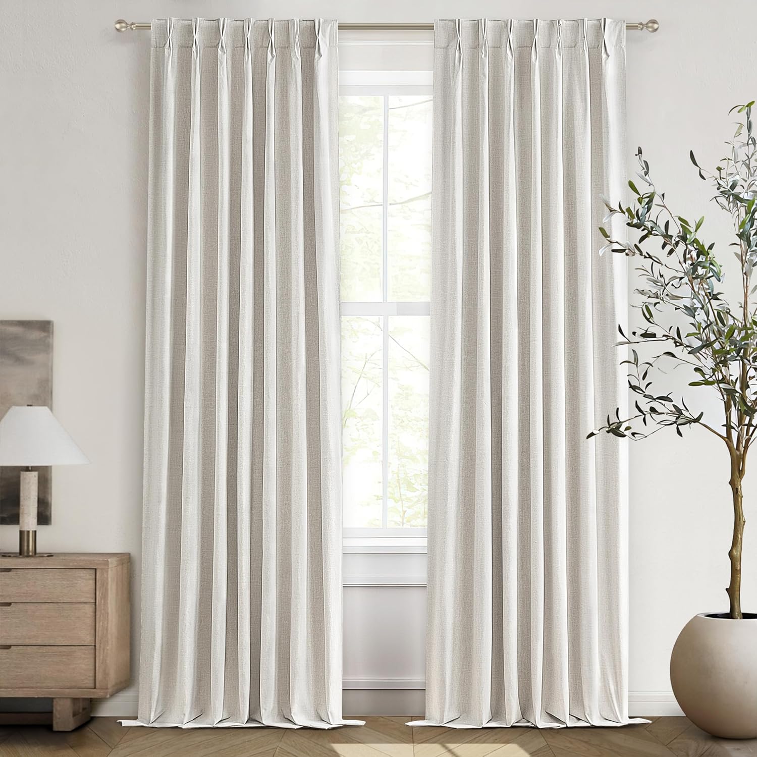 Natural Linen Pinch Pleated Blackout Curtains & Drapes 96 Inch Long Bedroom/Livingroom Farmhouse Curtains 2 Panel Sets, Neutral Track Room Darkening Thermal Insulated 8ft Back Tab Window Curtain