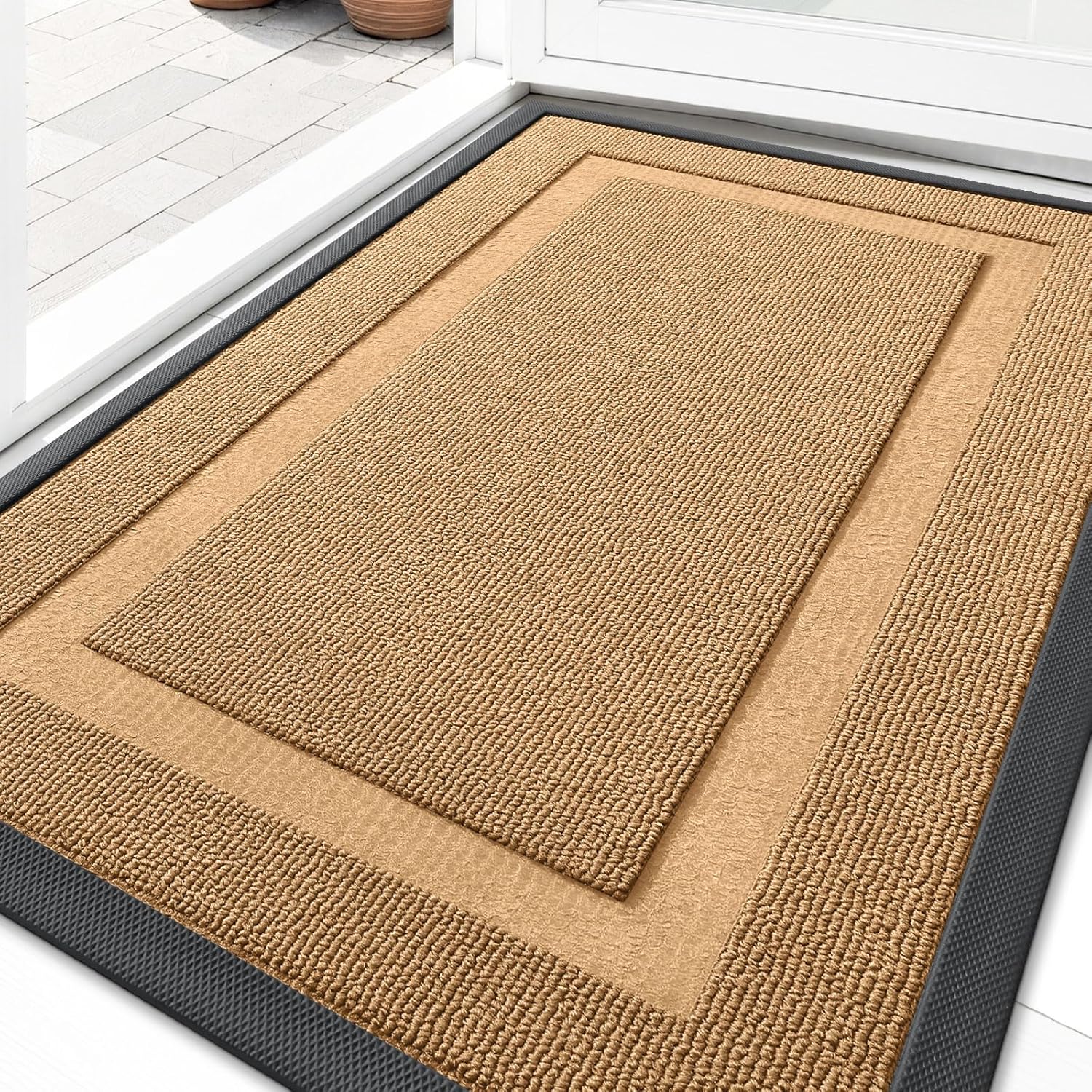 OLANLY Front Door Mat Indoor Outdoor Entrance, Waterproof All-Season, All-Weather Doormat, Sturdy Natural Rubber, Fade Resistant, Low Profile, Easy Clean Patio Porch Entryway Mat, 29.5x17, Beige