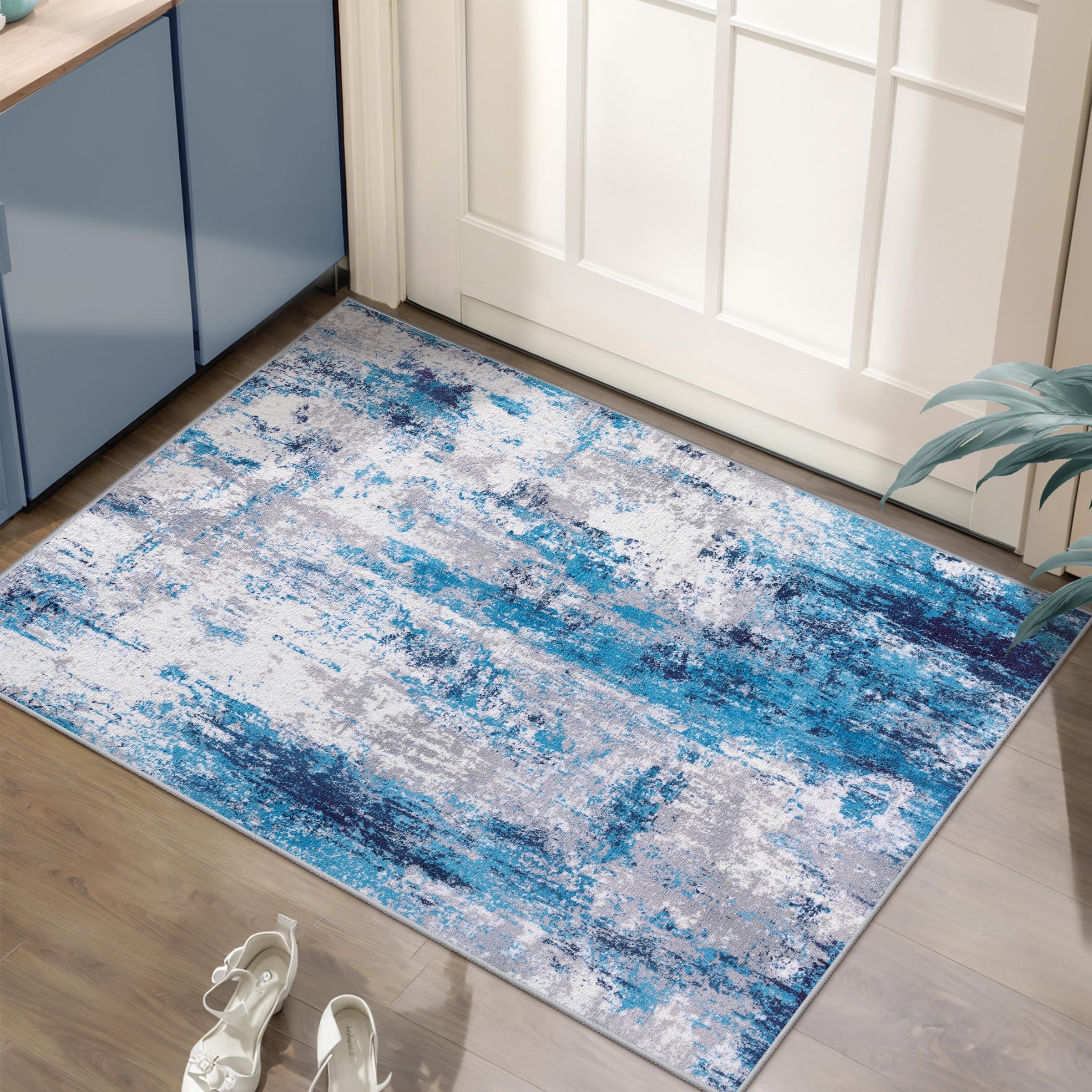 Ciicool Modern Abstract Area Rug 2x3 Washable Small Entryway Rug, Non-Slip Low Pile Throw Rug, Foldable Kitchen Bathroom Rugs, Blue Grey Floor Carpet for Entrance Living Room Bedroom Indoor Doormat