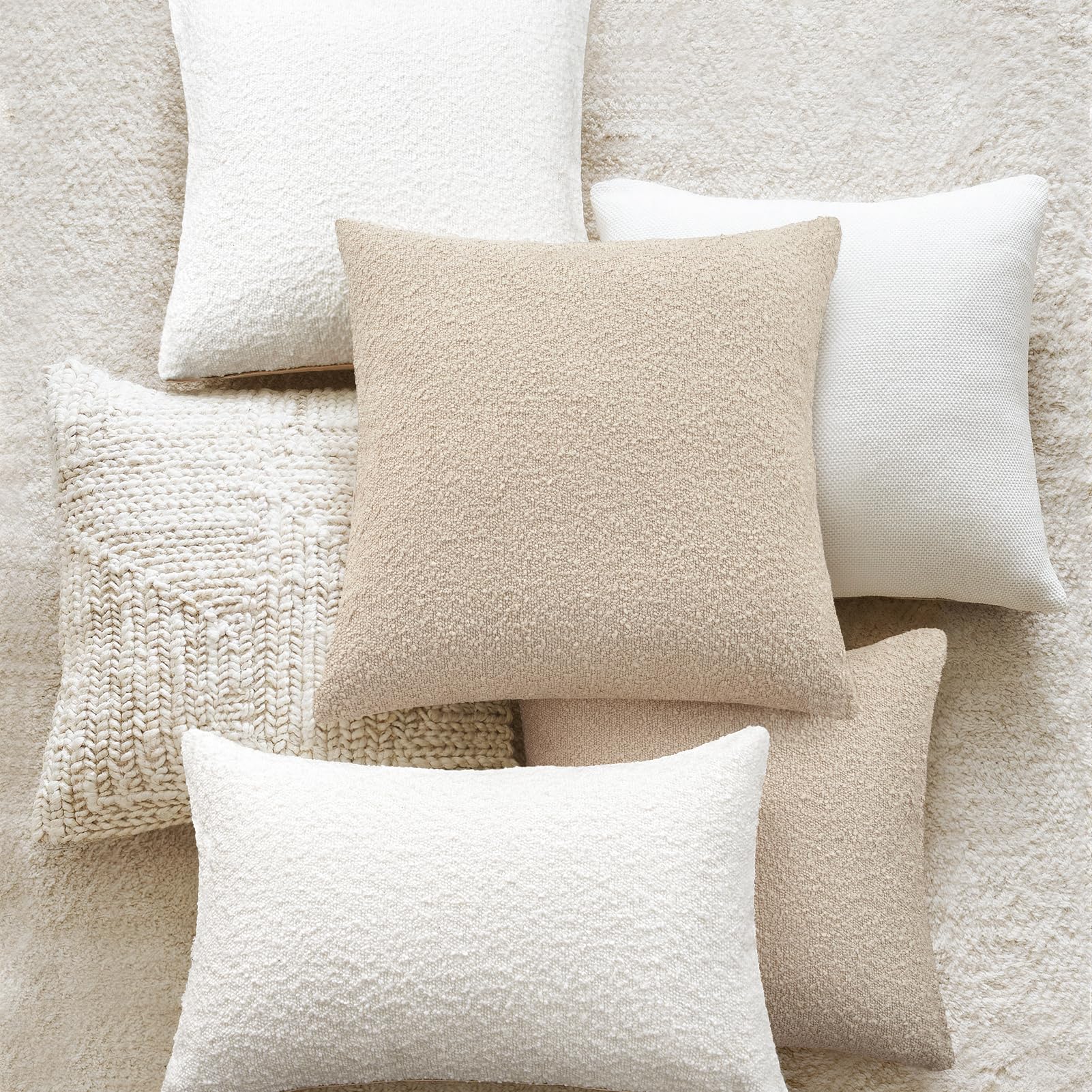 Topfinel Boucle Decorative Pillow Covers 18x18 Inches Set of 4 Neutral Cream Ivory White Pillowcase with Linen Cotton Back Chair Sofa Modern & Minimal Living Room Spring Home Decor