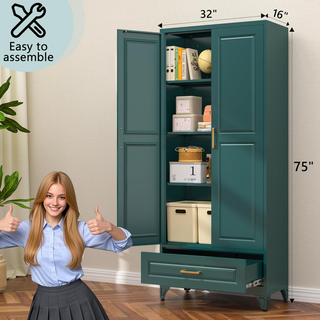 75" Tall Metal Kitchen Storage Cabinet,White Kitchen Pantry Storage Cabinet with Doors and 4 Adjustable Shelves,Utility Cabinet for Living Room,Garage,Dining Room and Office,Assemble Required