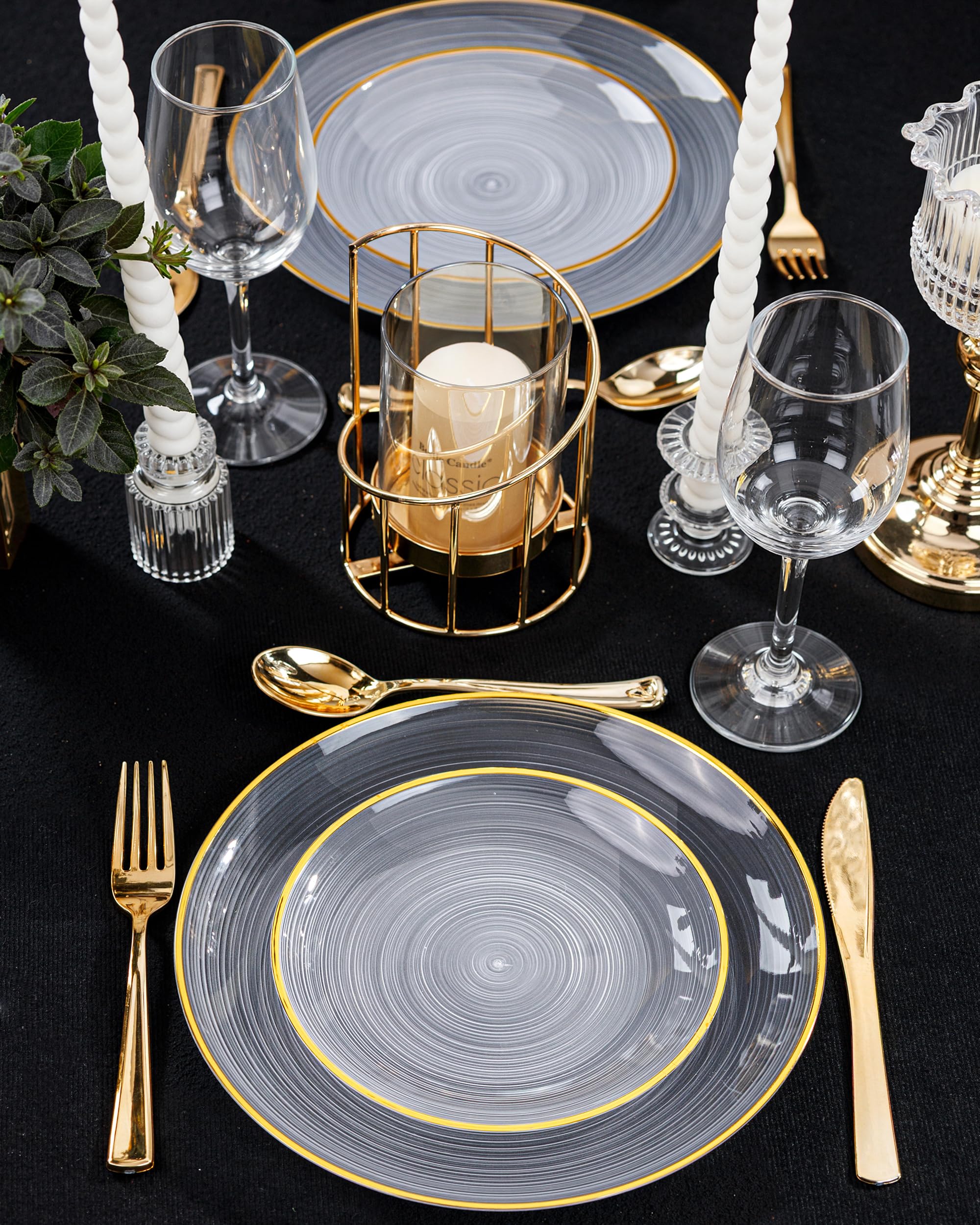 Morejoy 60Pcs Brown Plastic Plates,Brown Disposable Plates With Gold Rim, Gold Party Dinnerware Set Include 30 Dessert plates,30 Dinner plates for Party & Wedding