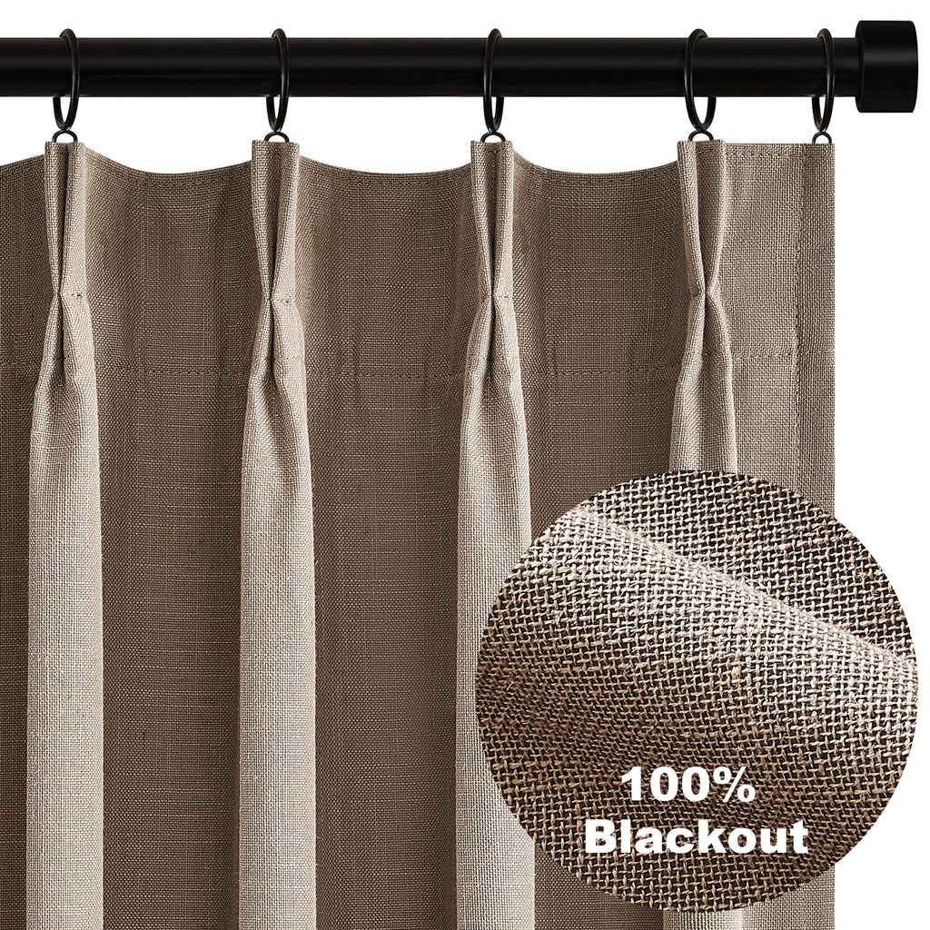 Topfinel Pinch Pleated Curtains 96 Inch Long, 100% Blackout Thermal Insulated Natural Linen Pinch Pleat Viral Drapes with Hooks Rings 2 Panel Sets, Neutral Beige Ivory 8FT Back Tab Window Curtains