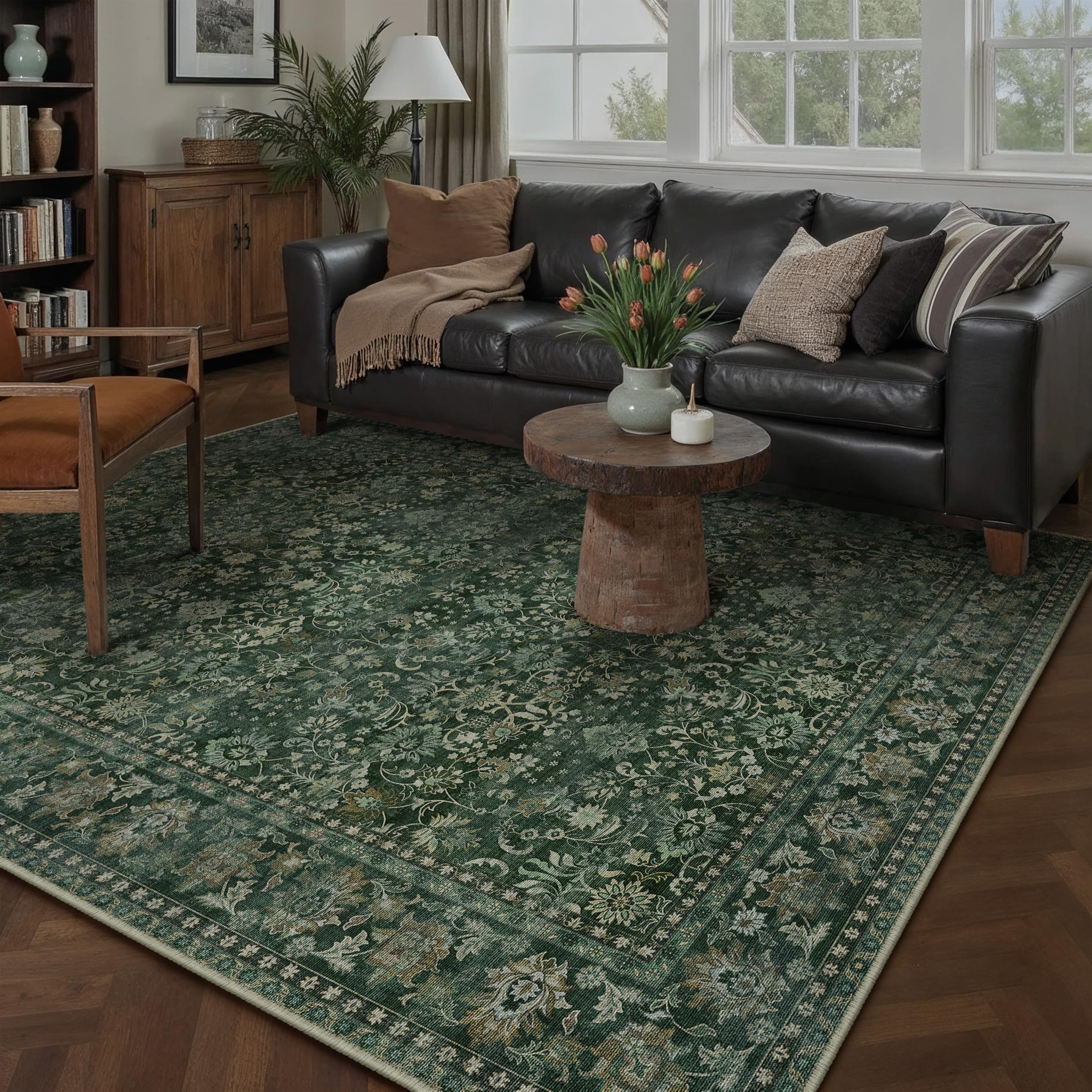 HUGEAR 5x7 Machine Washable Rugs Brown Hallway Area Rug Indoor Accent Rug Floral Low Pile Carpet Soft Throw Aesthetic Rug Bedroom Living Room Office Dining Room Kitchen Laundry Room Non Slip