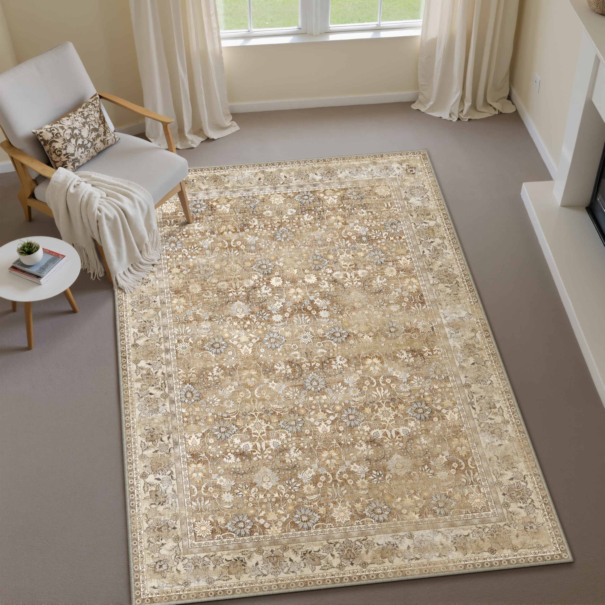 HUGEAR 5x7 Machine Washable Rugs Brown Hallway Area Rug Indoor Accent Rug Floral Low Pile Carpet Soft Throw Aesthetic Rug Bedroom Living Room Office Dining Room Kitchen Laundry Room Non Slip