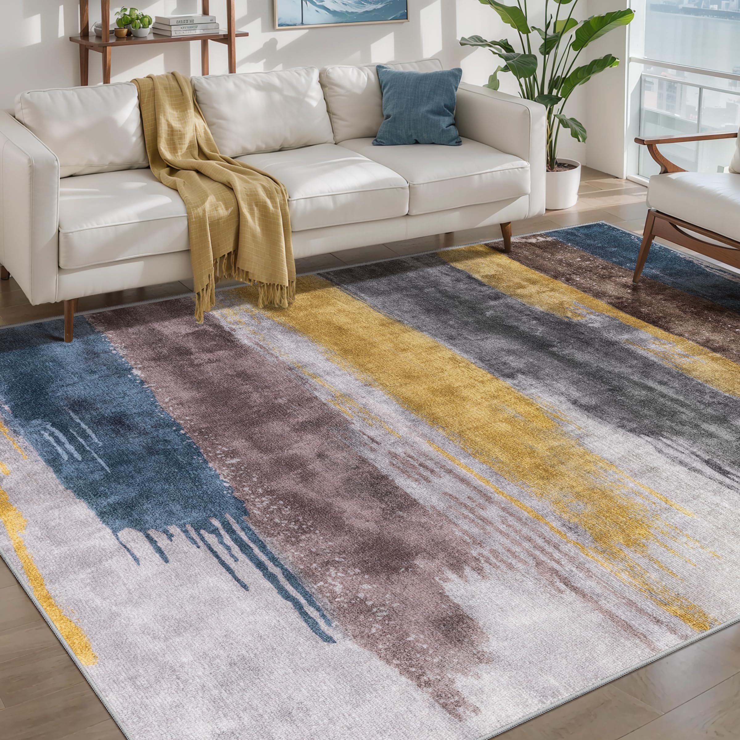 Ciicool Modern Abstract Area Rug 2x3 Washable Small Entryway Rug, Non-Slip Low Pile Throw Rug, Foldable Kitchen Bathroom Rugs, Blue Grey Floor Carpet for Entrance Living Room Bedroom Indoor Doormat