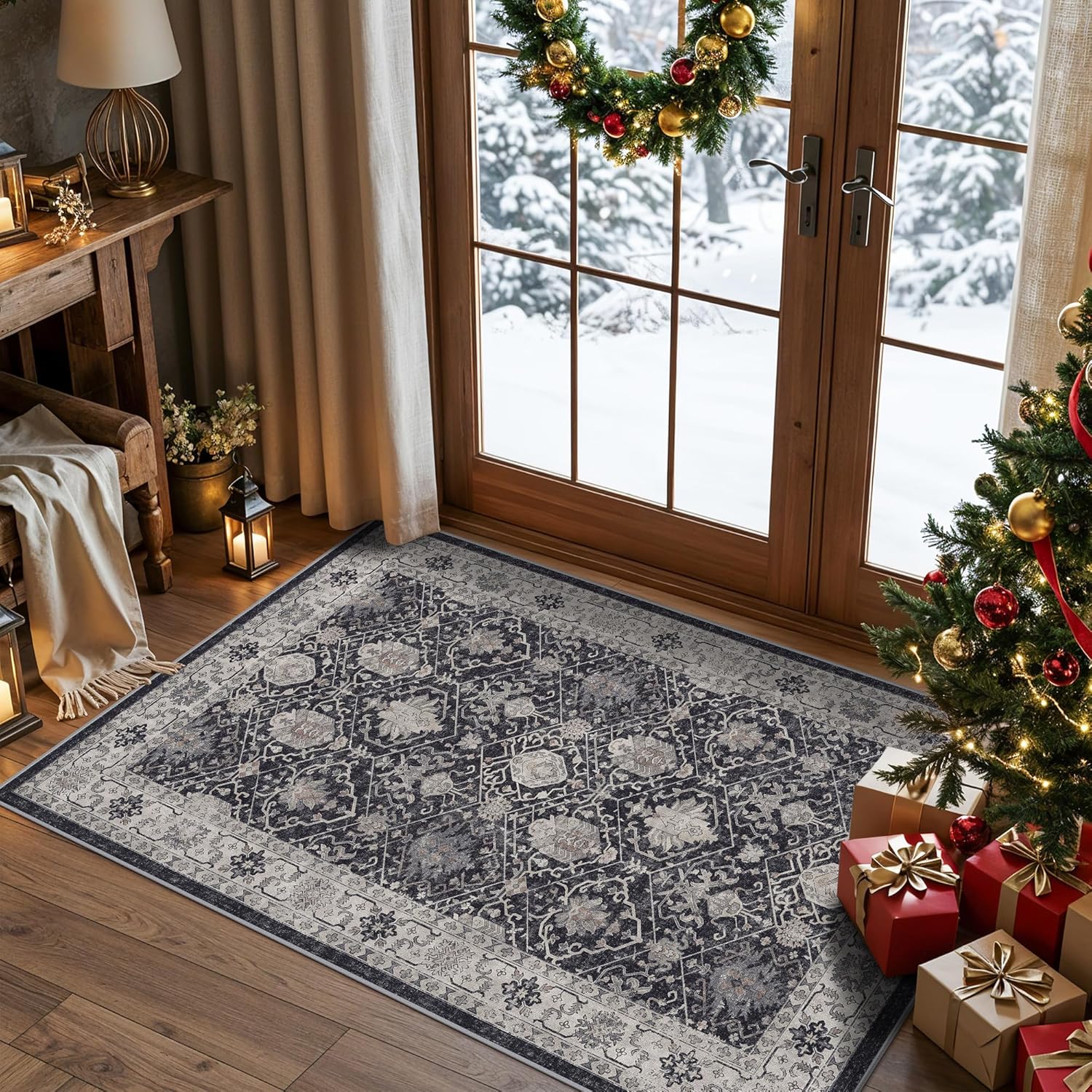 Washable 2x3 Entryway Area Rug - Neutral Kitchen Rug Runner Vintage Soft Floor Mat Non Slip Indoor Farmhouse Carpet for Bathroom Living Room Bedroom (2 X 3, Beige)