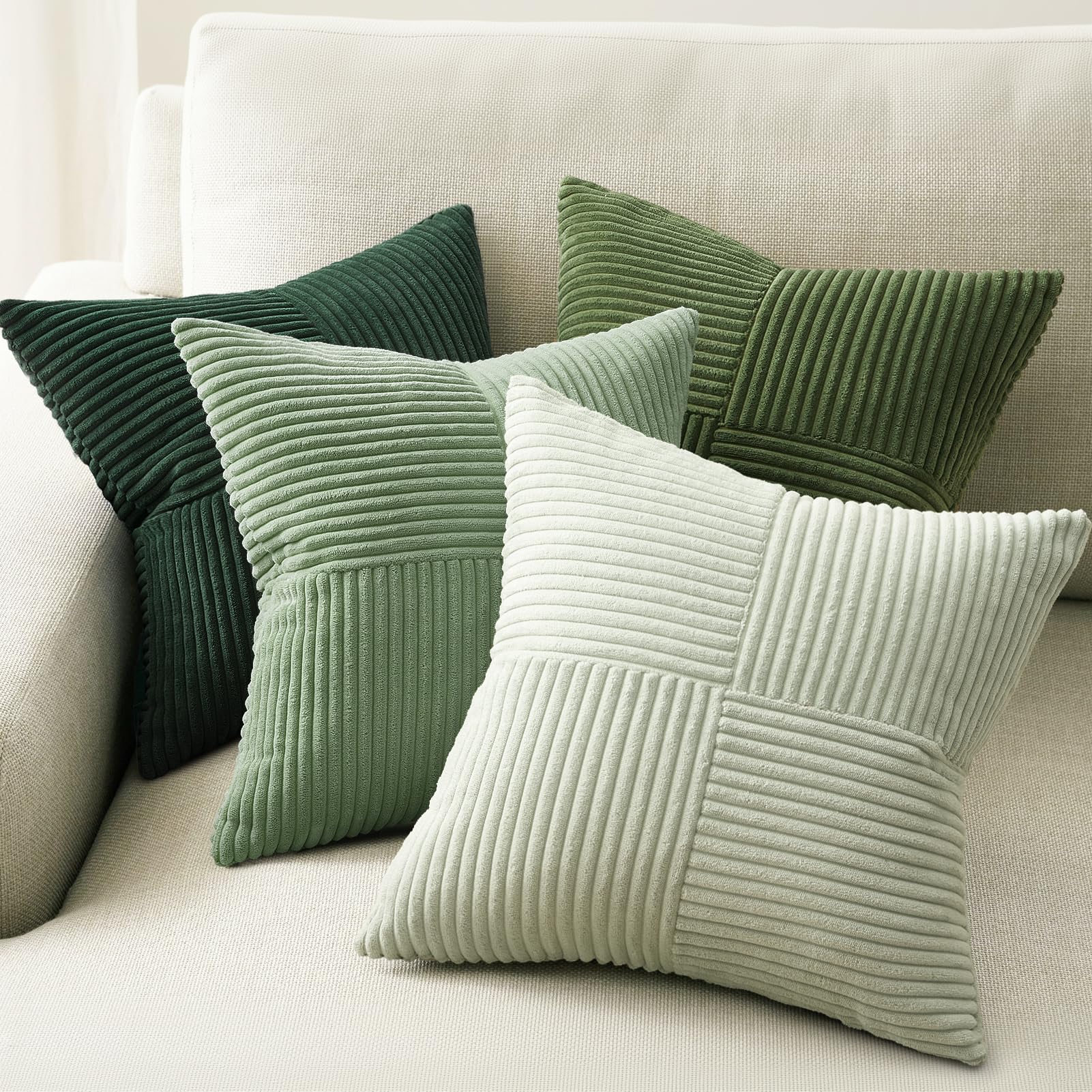 Topfinel SageGreen Throw Pillow Covers 18X18 Inch Set of 4,Boho Farmhouse Cozy Cushion Cover with Corduroy,Soft Accent Forest Green Pillow Covers for Couch,Bed,Living Room Home Decor
