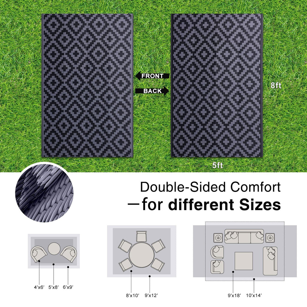 OLANLY Waterproof Outdoor Rug 5x8 ft, Outdoor Plastic Straw Rug for Camping, RV Mat Outside, Indoor Outdoor Carpet for Porch, Deck, Backyard, Balcony, Picnic, Black & White