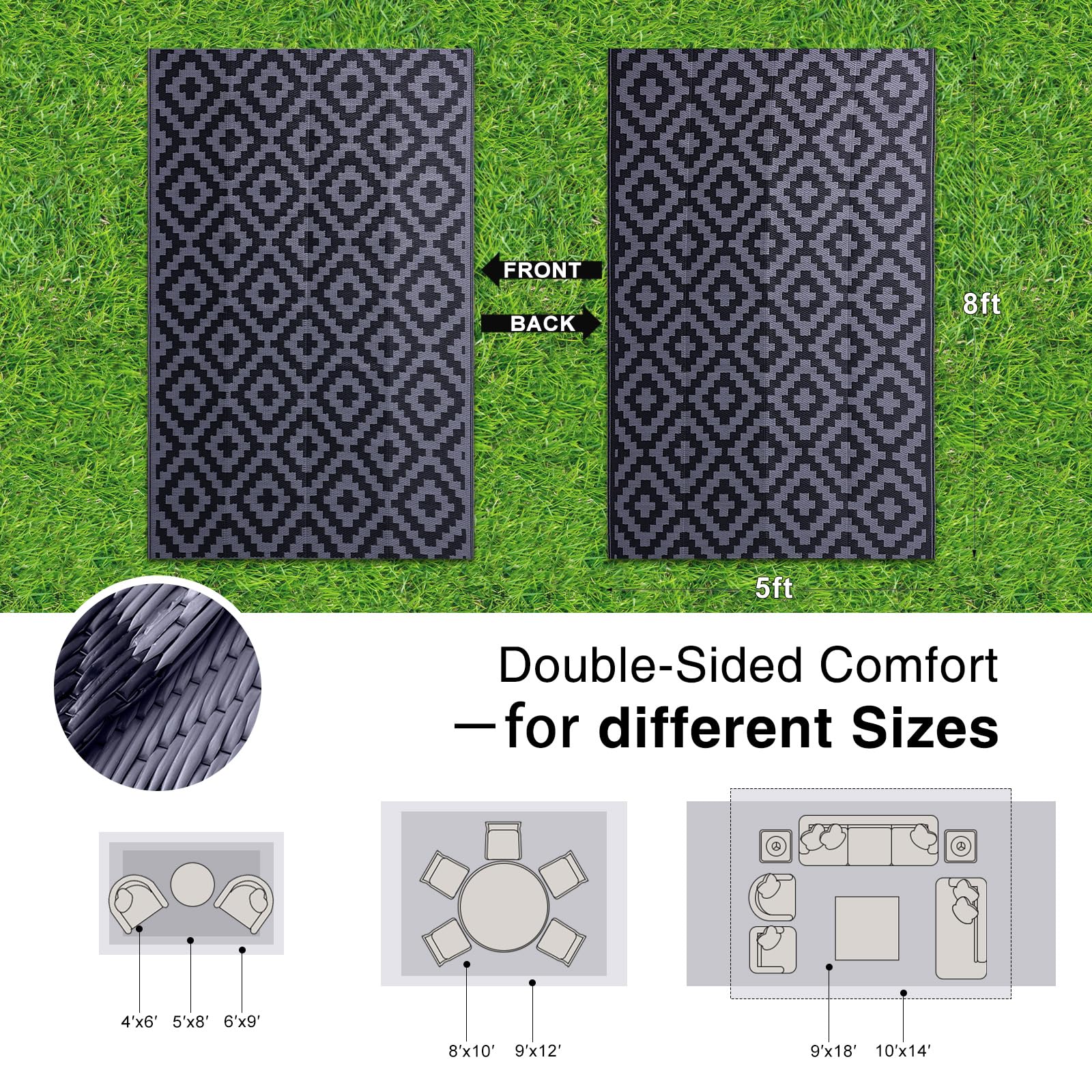 OLANLY Waterproof Outdoor Rug 5x8 ft, Outdoor Plastic Straw Rug for Camping, RV Mat Outside, Indoor Outdoor Carpet for Porch, Deck, Backyard, Balcony, Picnic, Black & White