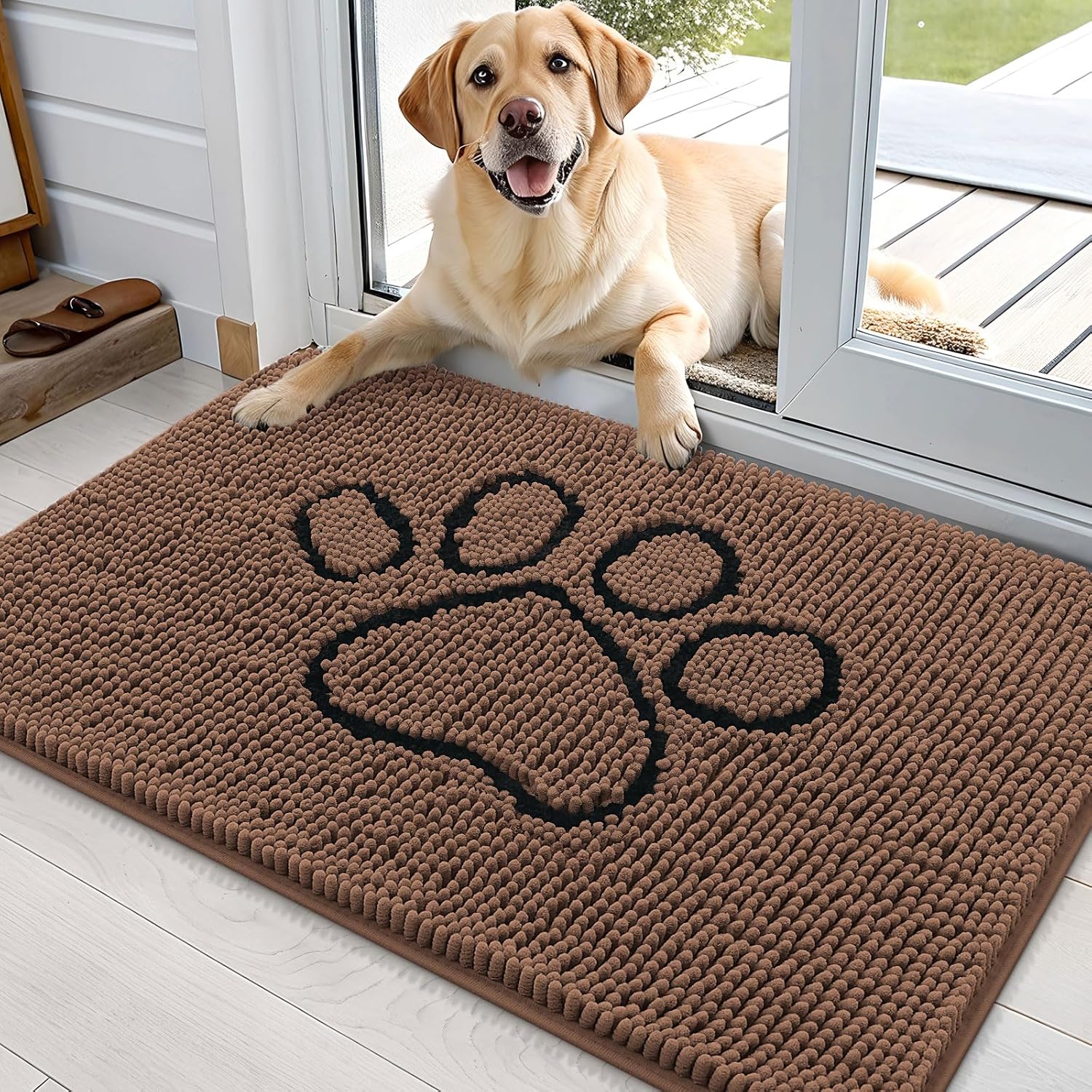 OLANLY Dog Door Mat for Muddy Paws 70x24, Absorbs Moisture and Dirt, Absorbent Non-Slip Washable Doormat, Quick Dry Chenille Mud Mat for Dogs, Entry Indoor Entryway Carpet for Inside Floor, Beige