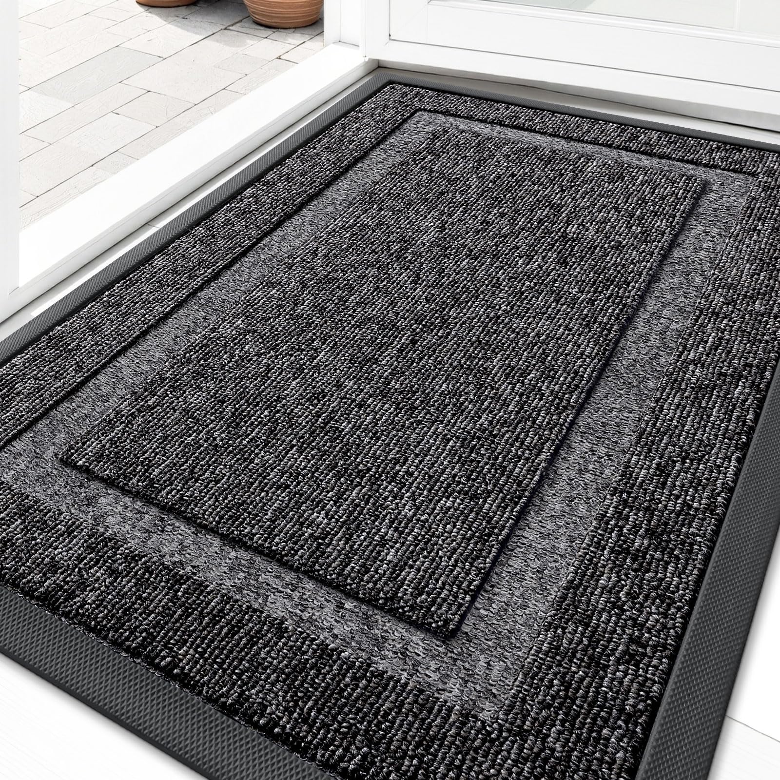 OLANLY Front Door Mat Indoor Outdoor Entrance, Waterproof All-Season, All-Weather Doormat, Sturdy Natural Rubber, Fade Resistant, Low Profile, Easy Clean Patio Porch Entryway Mat, 29.5x17, Black