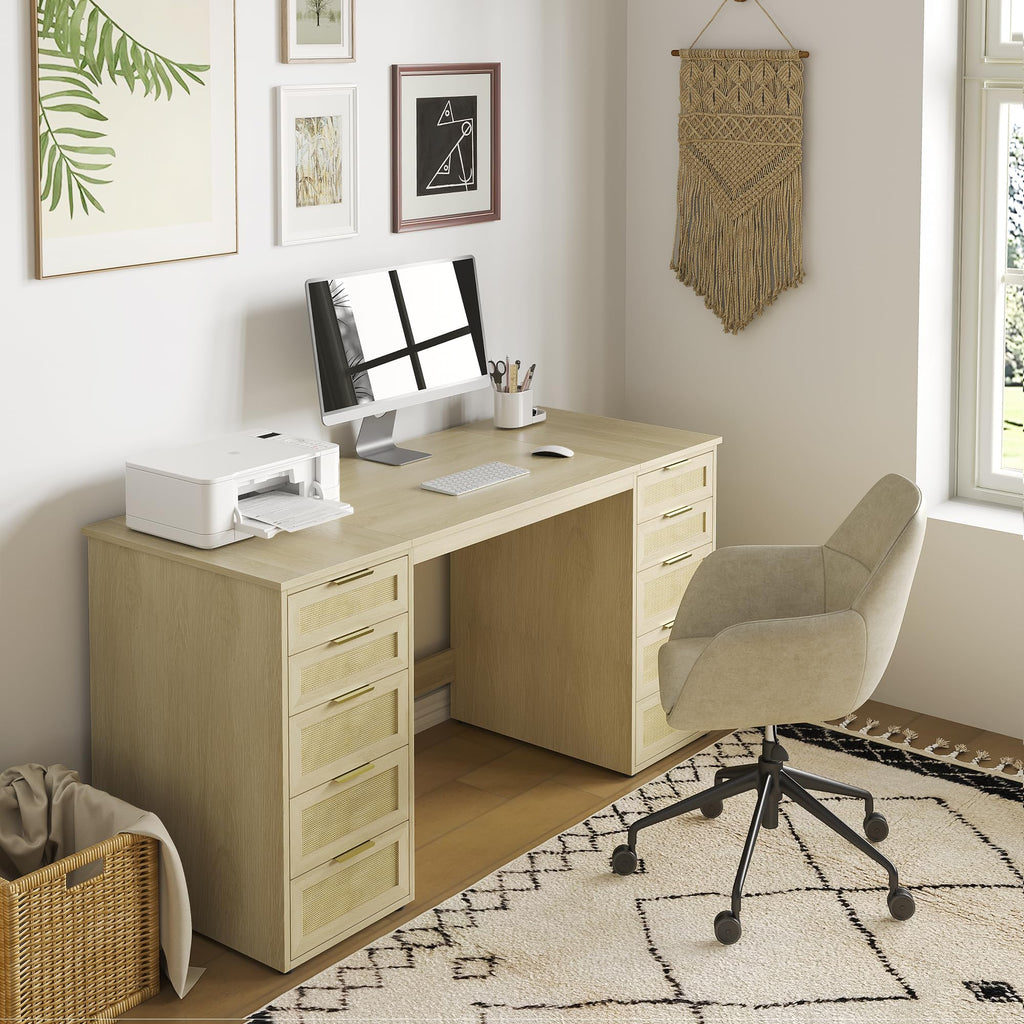 WOPITUES 60" Boho Home Office Desk with 10 Wooden Drawers, Rattan Computer Writing Desk with Power Outlets, Large Executive Desk with Storage Cabinet for Work Study Writing Craft, Black & Brown