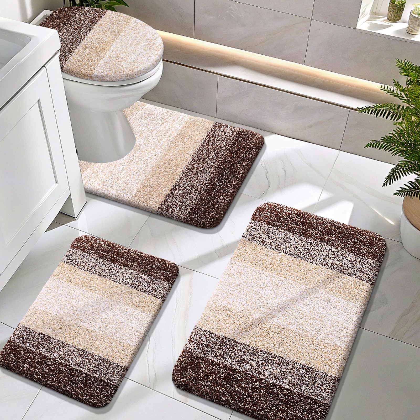 OLANLY Bathroom Rugs Sets 4 piece, Soft Microfiber Absorbent Bath Mat, U-Shaped Contour Toilet Mat and Toilet Lid Cover, Quick Dry, Machine Washable, Toilet Cover and Rug Set for Bathroom, Grey