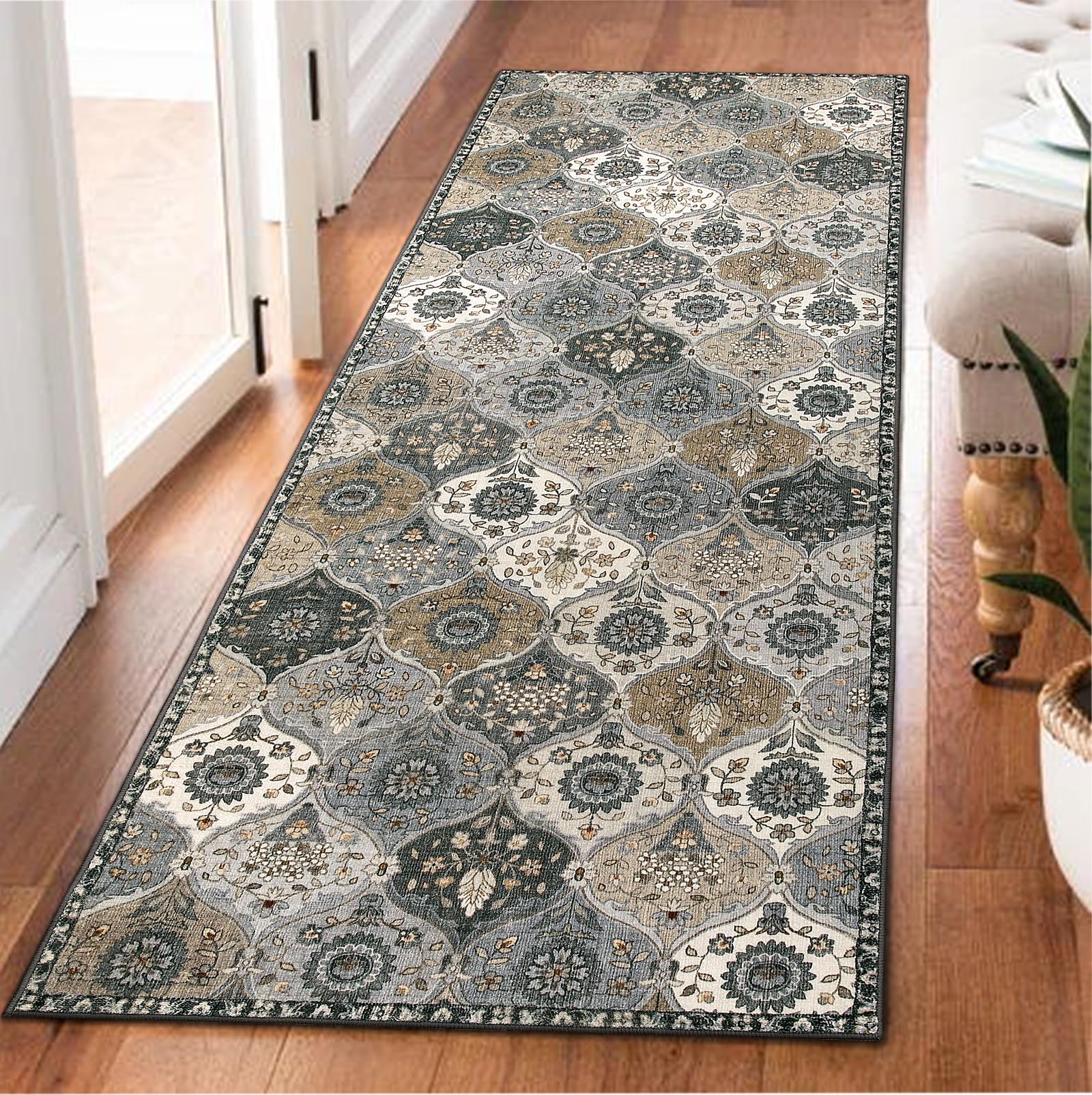 Lahome Moroccan Trellis Washable Rug, 2x3 Kitchen Rugs for Entryway Bathroom, Non-Slip Indoor Door Mat Ultra-Thin, Small Oriental Throw Carpet for Bedroom Entry Elise, Cream/Multi