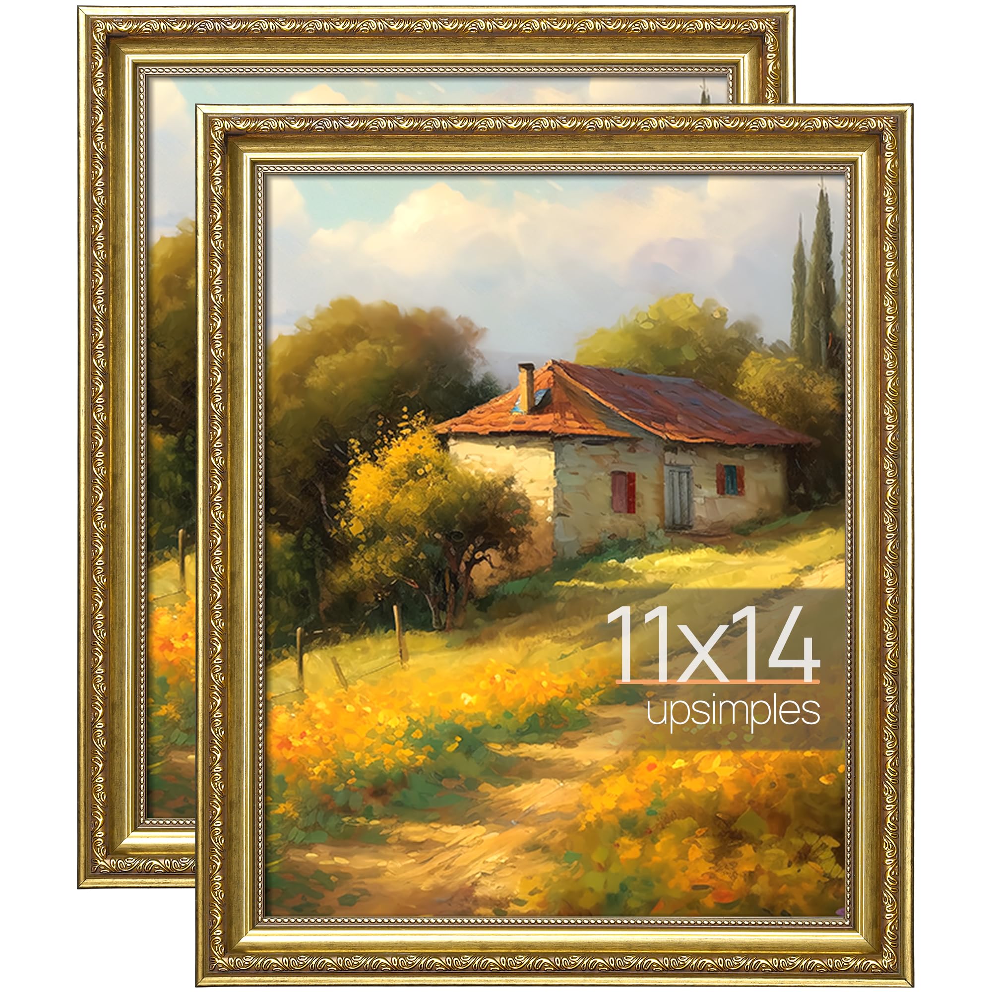 upsimples 5x7 Picture Frame with Real Glass, Ornate Vintage 5 x 7 Photo Frames for Wall Decor or Tabletop Display, Gold, 2 Pack