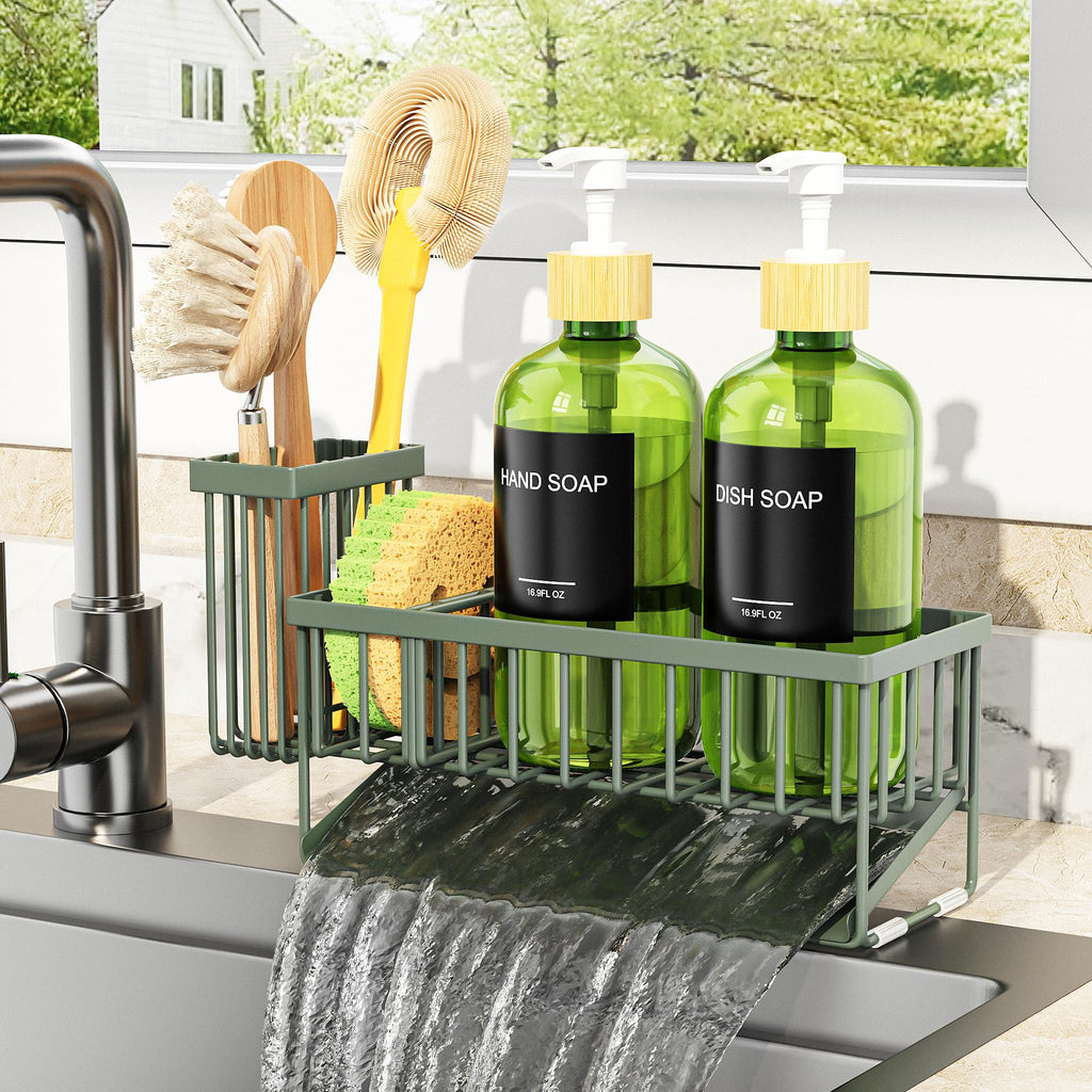 Cisily Kitchen Dish Soap Dispenser Set with 2 Pack 16.9oz Amber Glass Bottle and Sponge Holder, Dish Soap Dispensers with Adjustable Sponge Holder, Vintage Hand and Dish Soap Dispensers Set